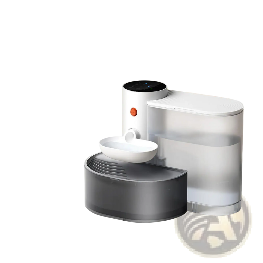 White and gray smart pet water fountain with transparent 3l tank and digital control panel in modern design