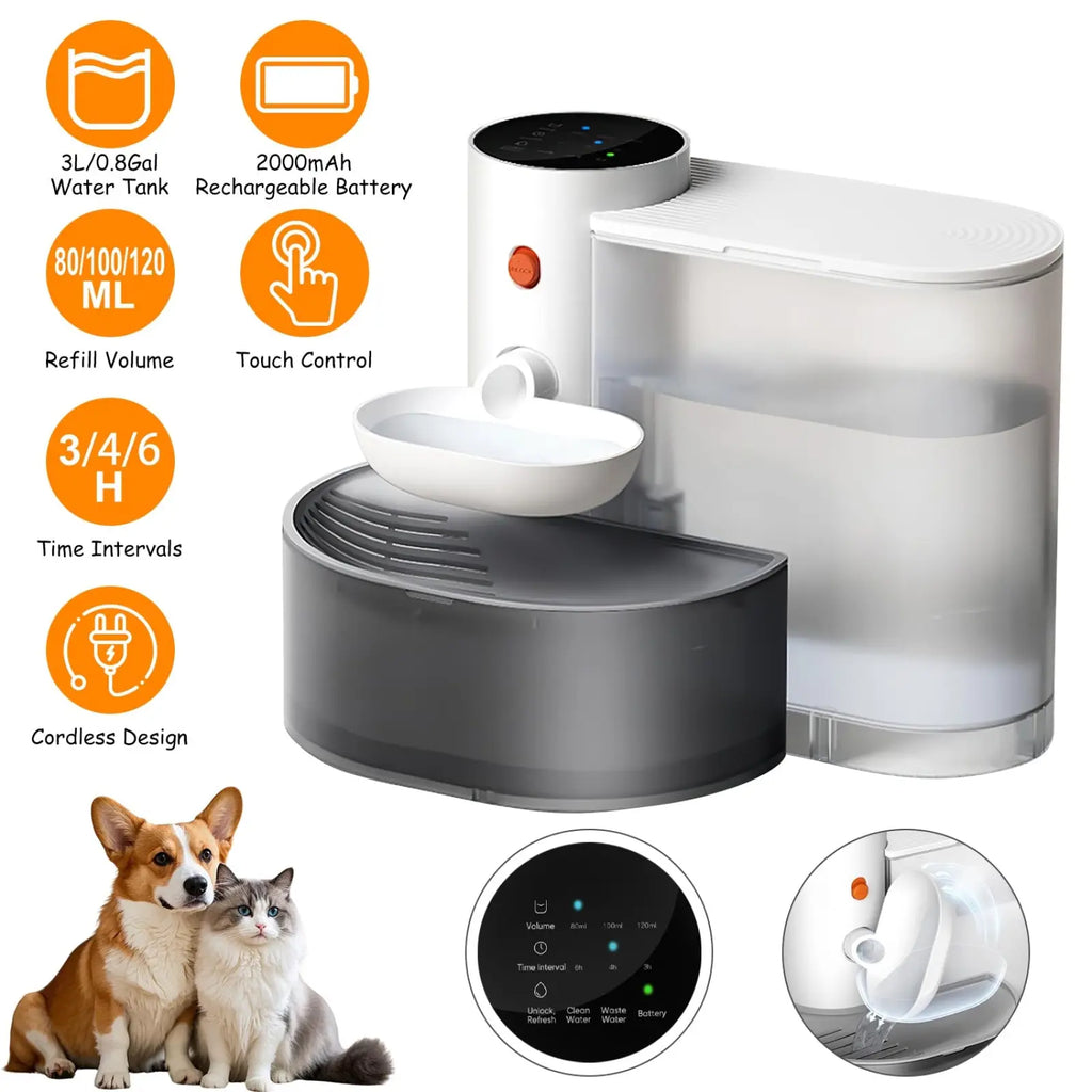 White and gray smart pet water fountain with sleek modern design touch control and 3l capacity cordless rechargeable tank