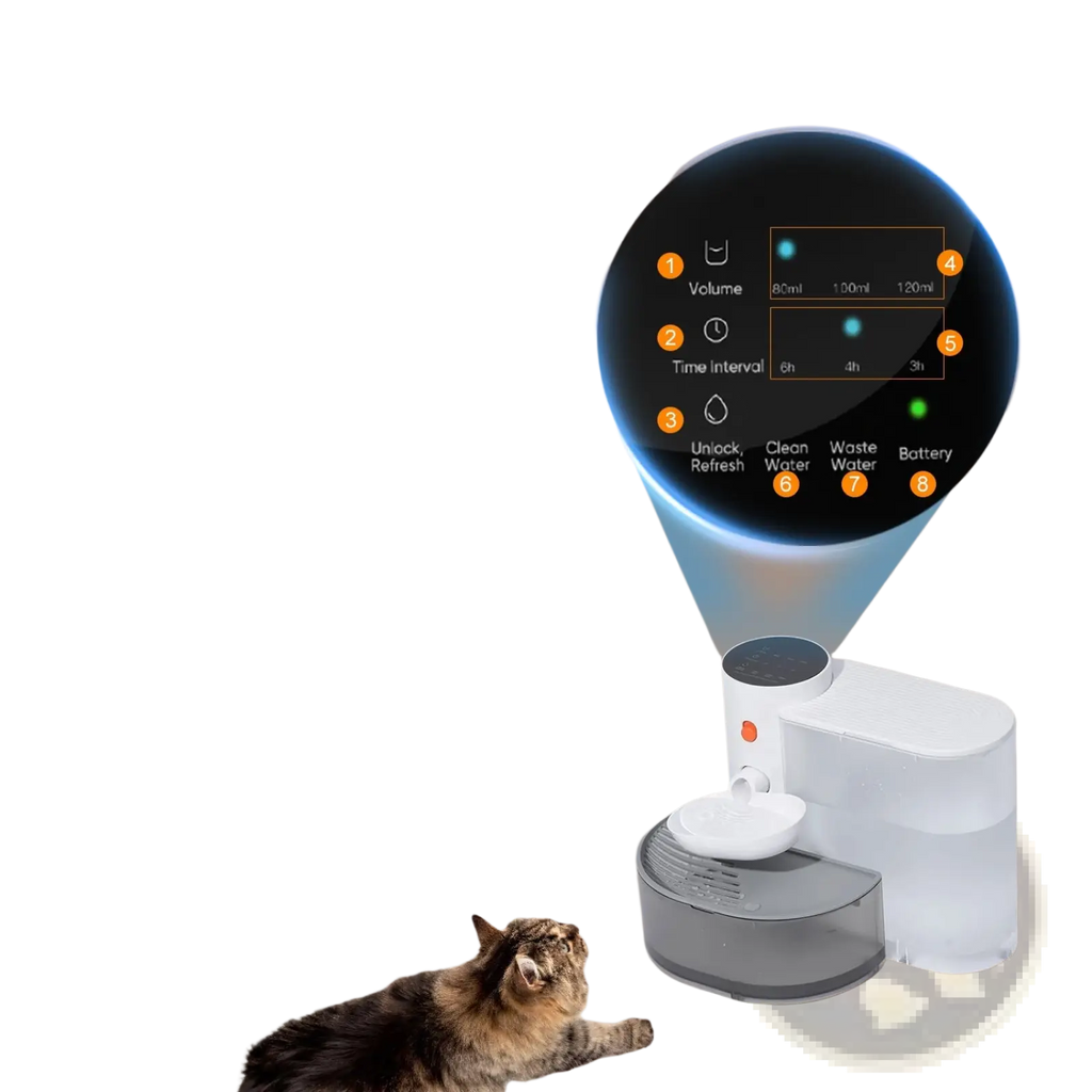 White and gray smart pet water fountain with touch controls and digital display showing volume timer and battery status