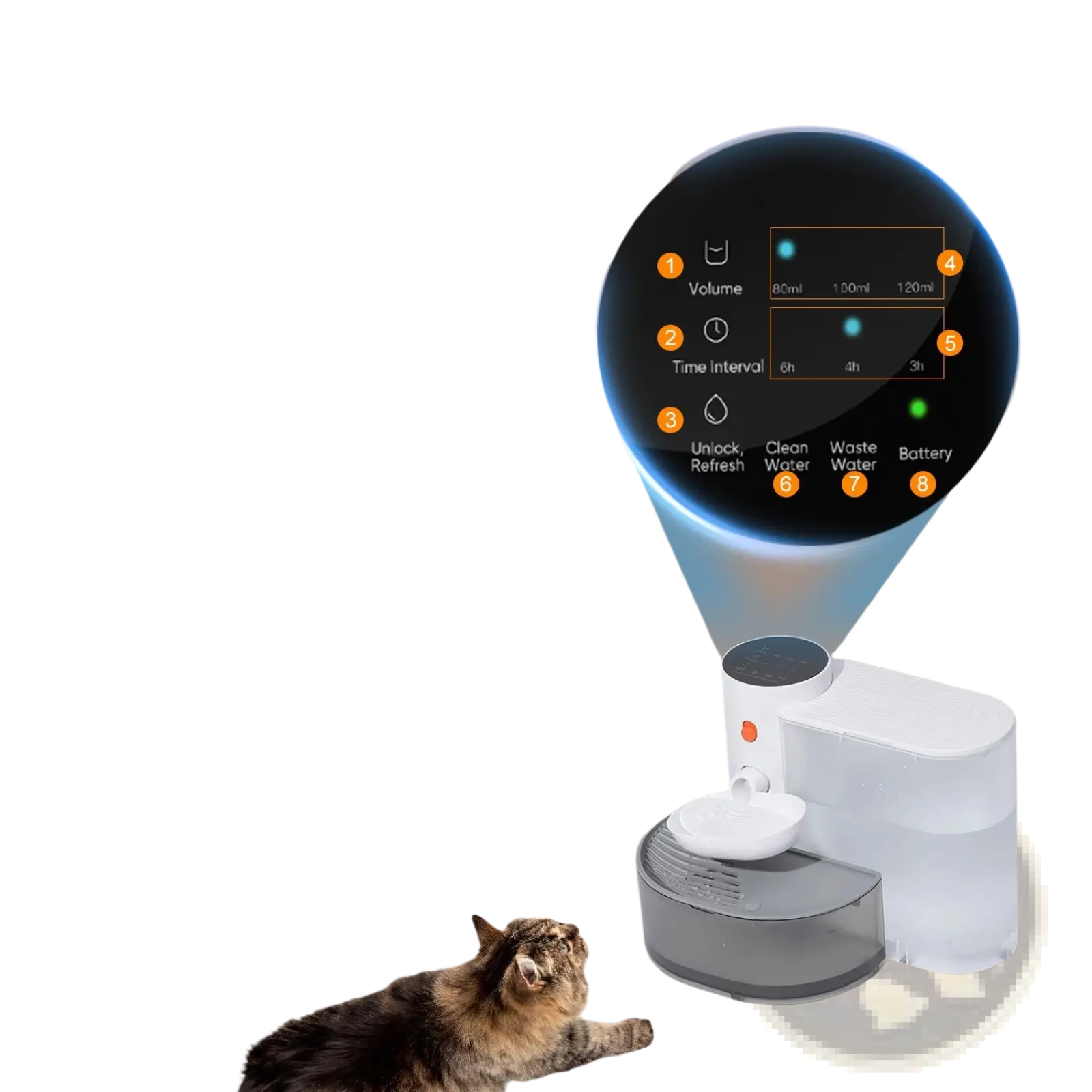 White and gray smart pet water fountain with touch controls and digital display showing volume timer and battery status