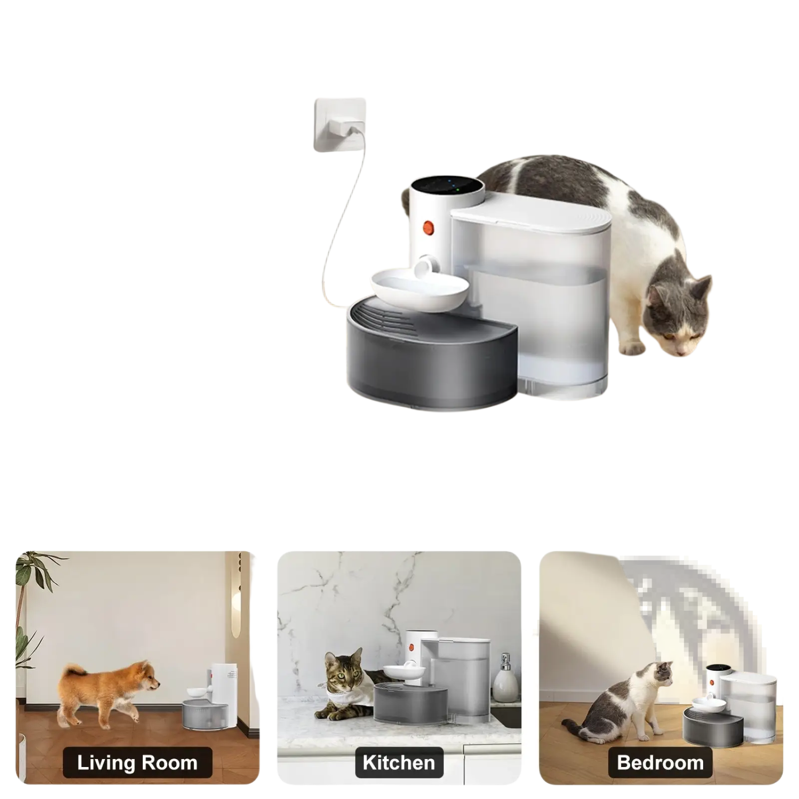 White and gray rechargeable cordless smart pet water fountain with 3l capacity and type-c charging port shown from the back