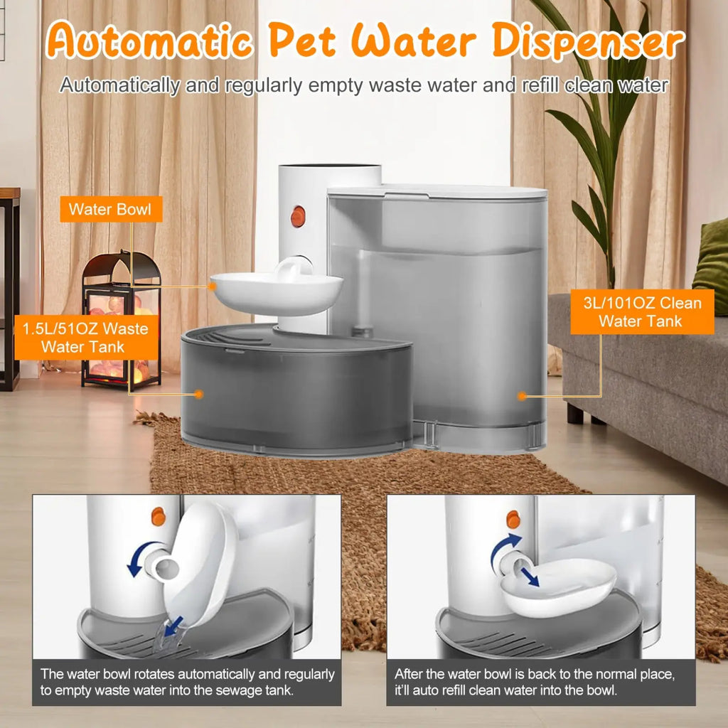 White and gray automatic pet water dispenser with sleek modern design and integrated waste tank system for pets