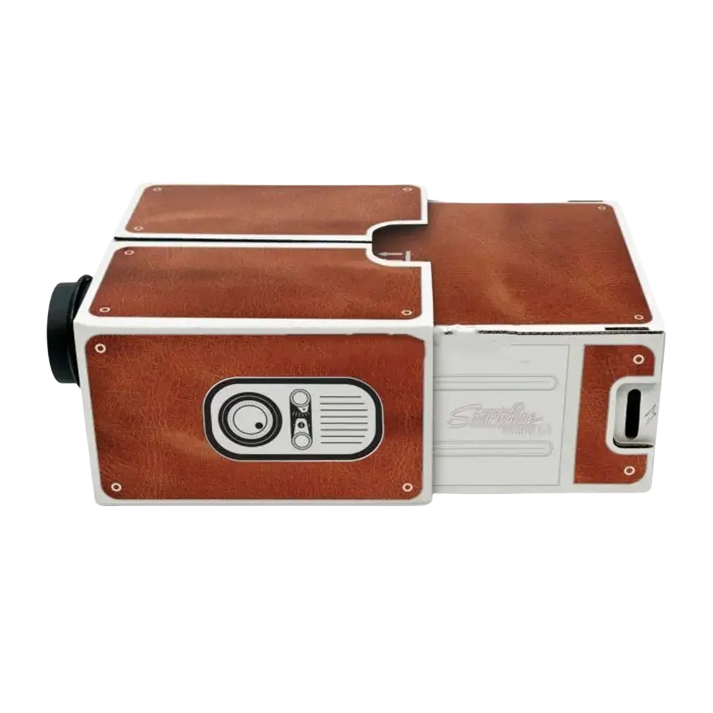 Brown leather-textured and white plastic smart phone entertainment projector with vintage radio design second generation