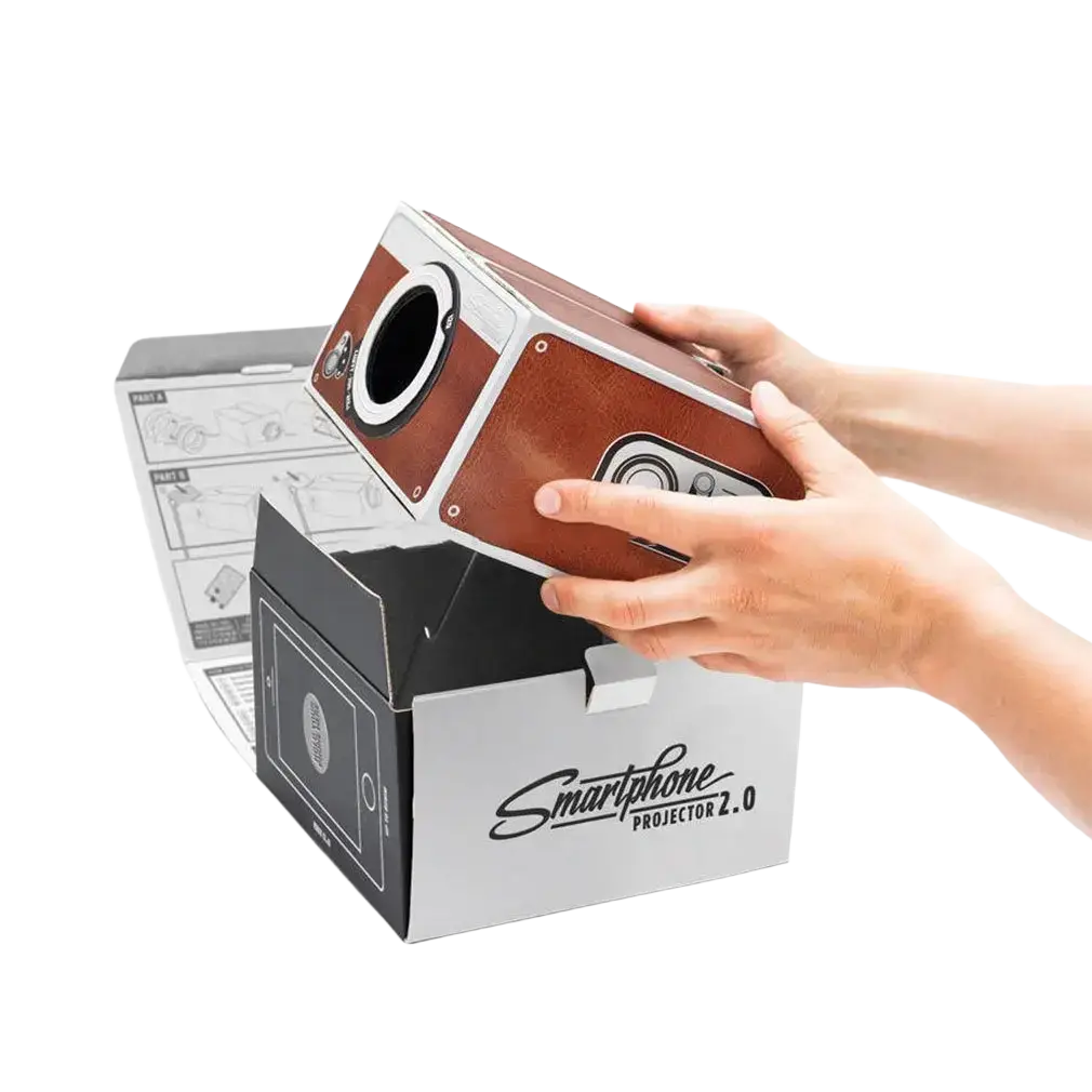 Brown and silver cardboard smart phone projector second generation with vintage camera design for entertainment projector use