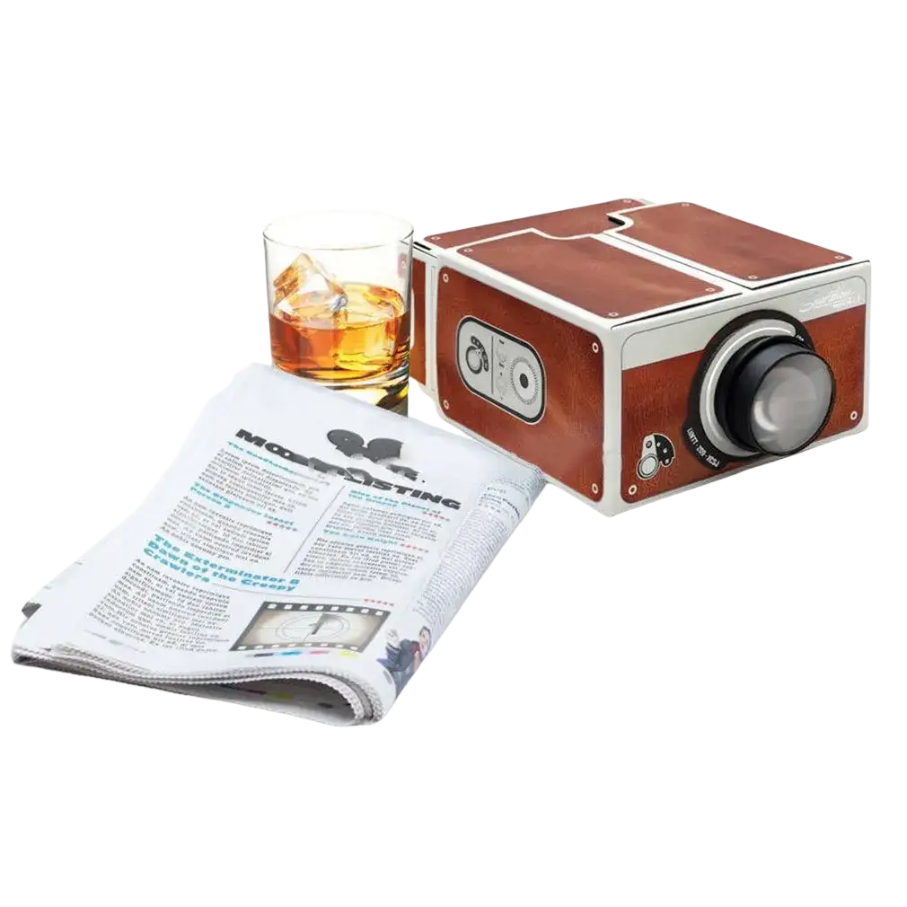 Brown and white cardboard smart phone projector second generation with vintage camera design for entertainment projector use