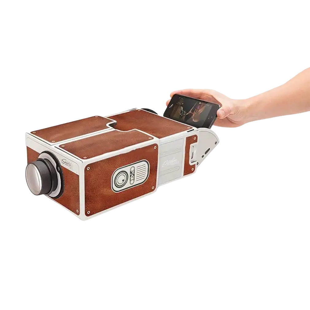 Brown and white second generation smart phone entertainment projector with retro style and leather-like finish