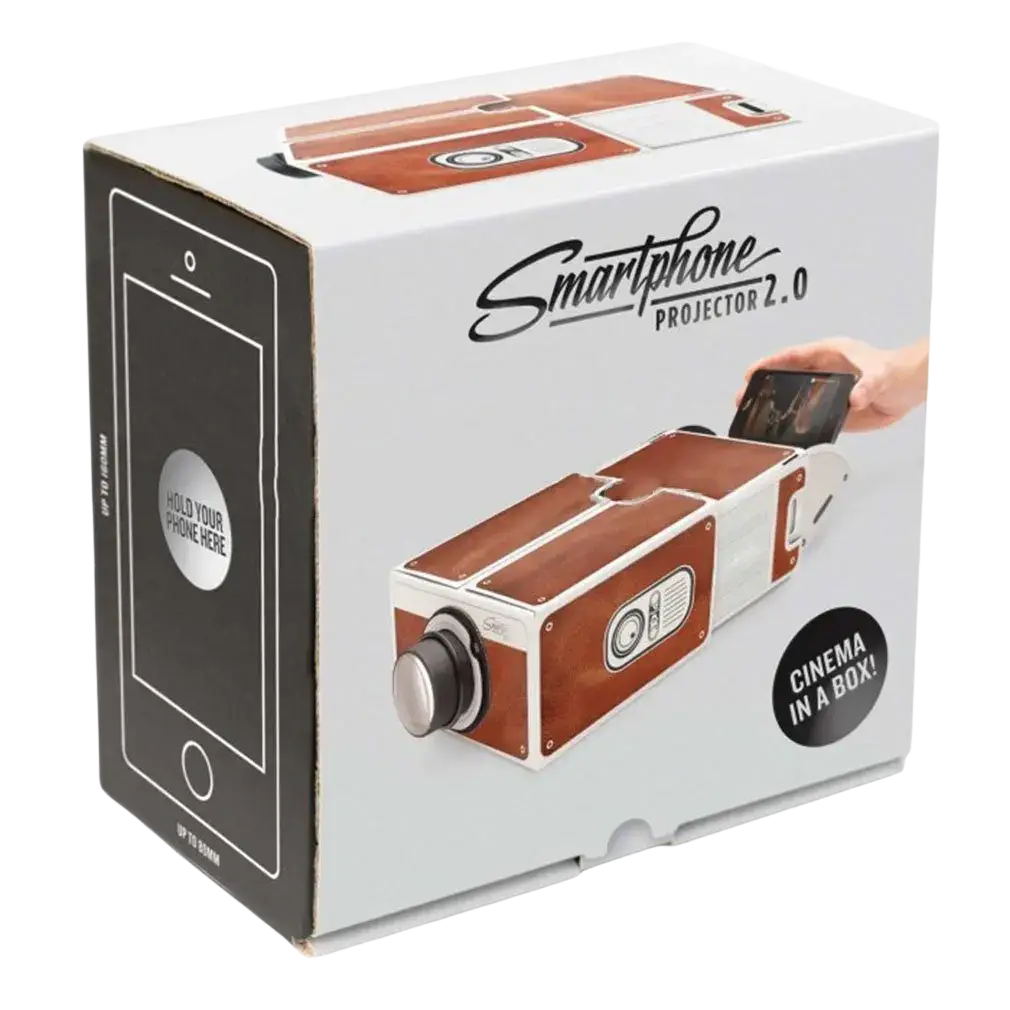White and brown wooden-textured smart phone projector 2.0 second generation for home entertainment projector use in box