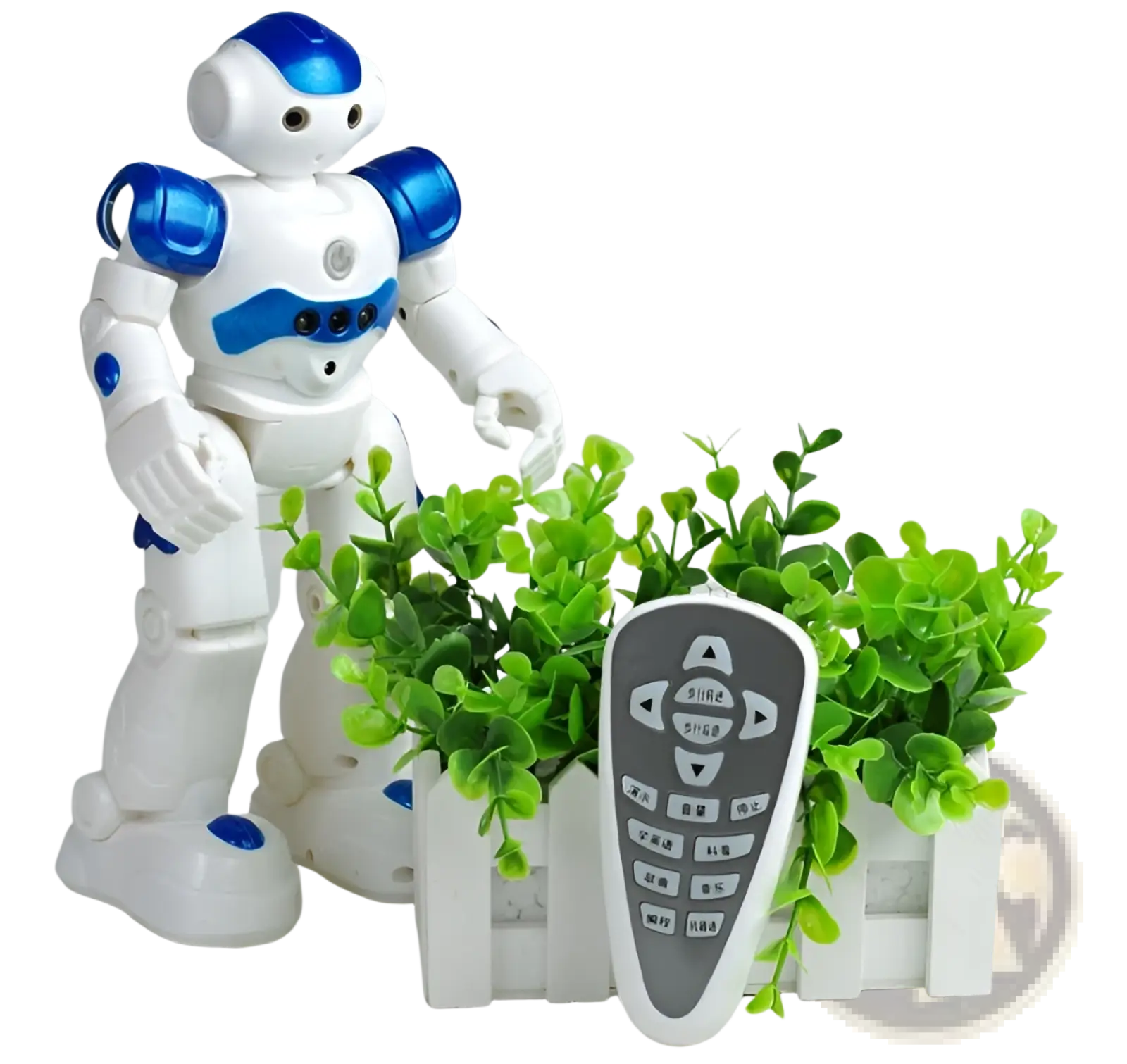 White and blue smart robot toy with glossy plastic finish, articulated joints, and remote control for gesture dancing