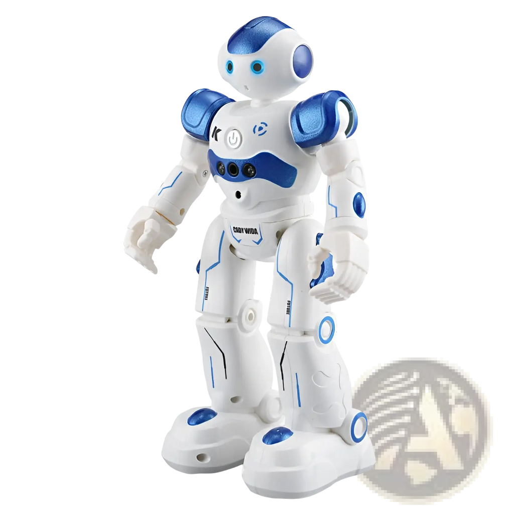 Smart robot toy gesture control dancing RC robot in white and blue with glossy plastic joints and glowing blue accents