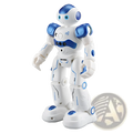 Smart robot toy gesture control dancing RC robot in white and blue with glossy plastic joints and glowing blue accents