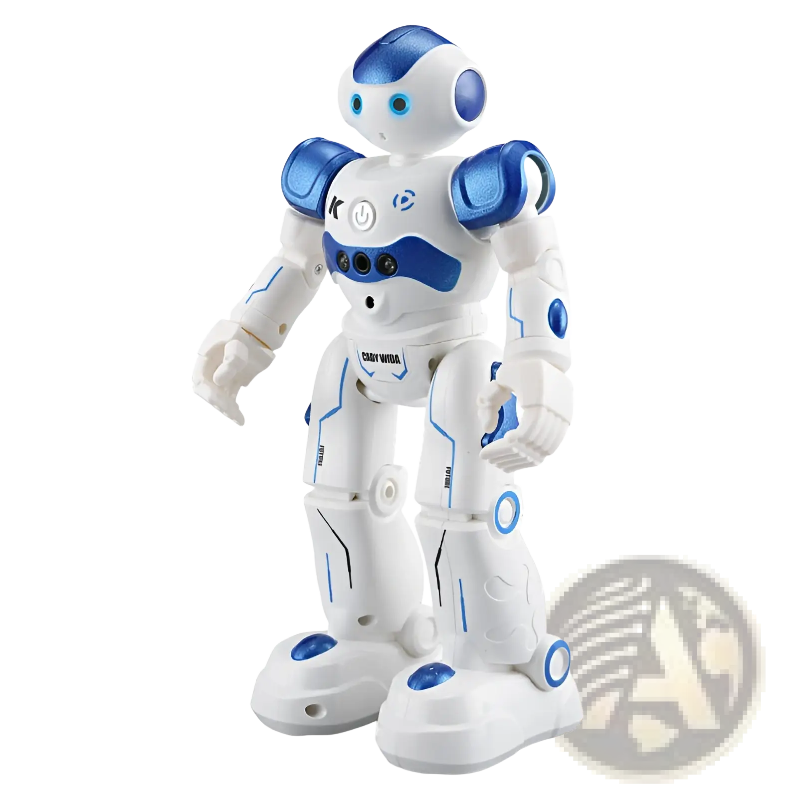 Smart robot toy gesture control dancing RC robot in white and blue with glossy plastic joints and glowing blue accents
