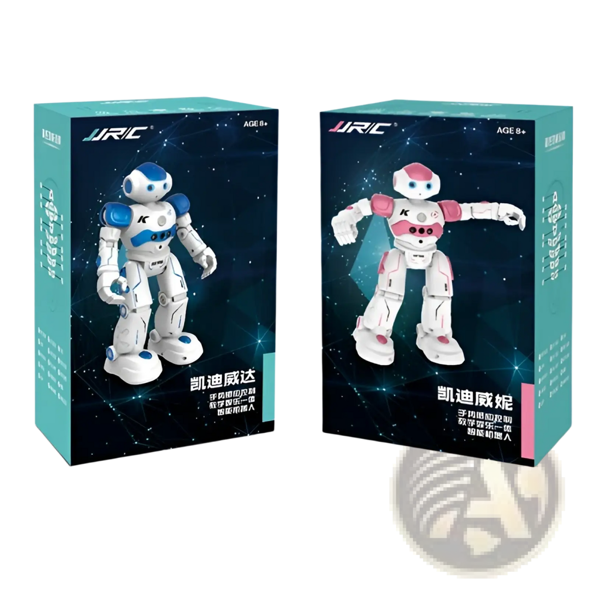 Blue and white smart robot toy with articulated limbs featuring gesture control and dancing remote control functions