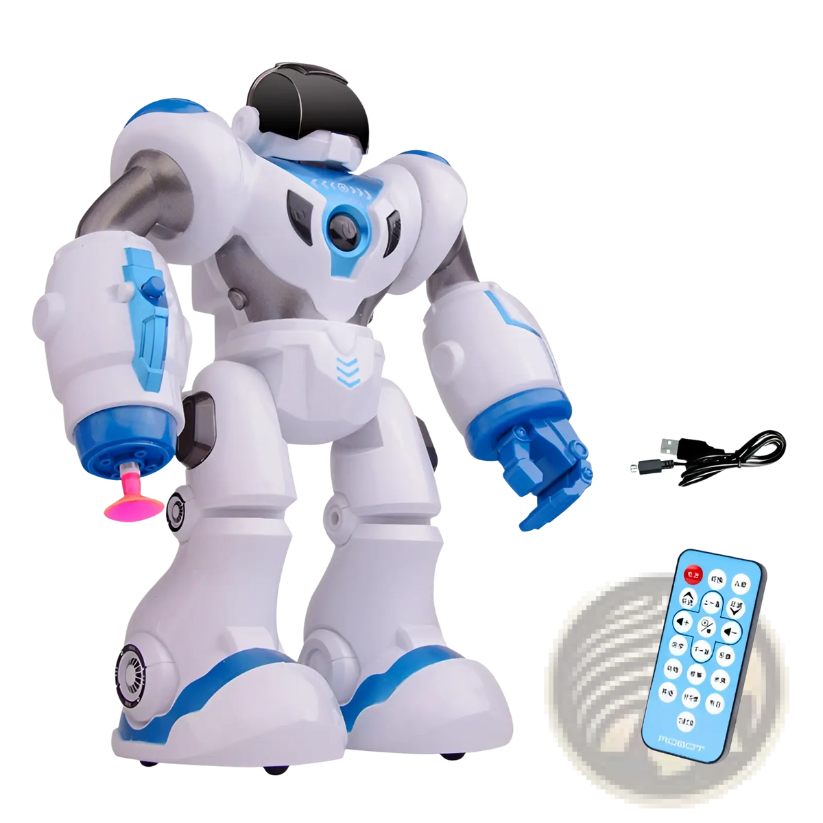 White and blue smart robot toy with silver accents featuring remote control and batteries for gesture control dancing play