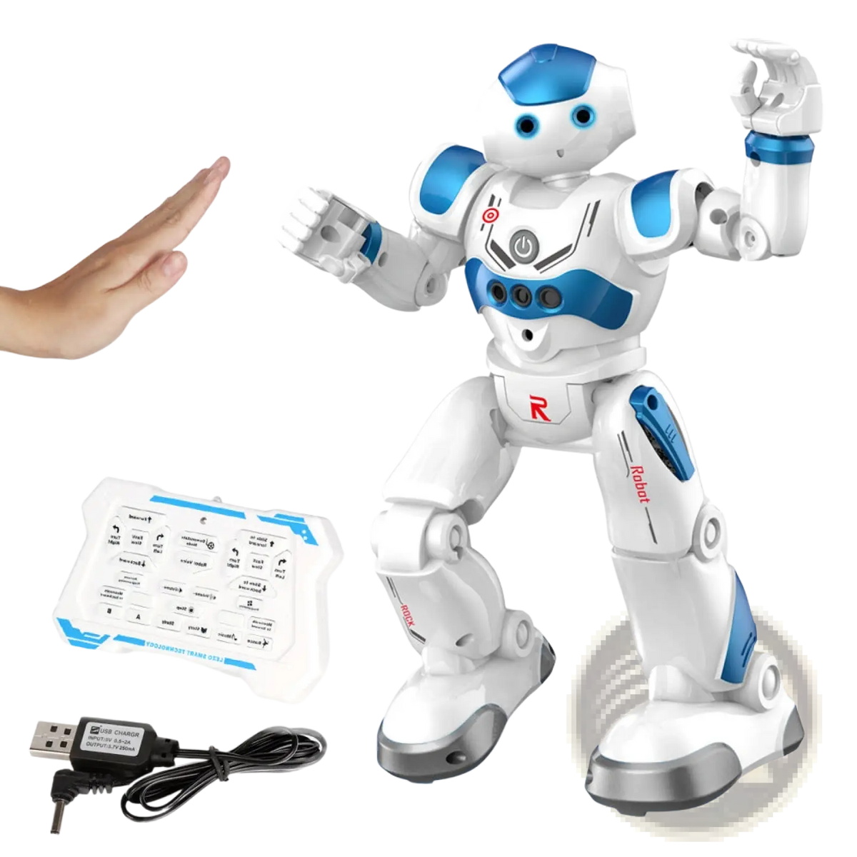 White and blue smart robot toy with silver accents featuring articulated joints and a friendly face for gesture control dancing