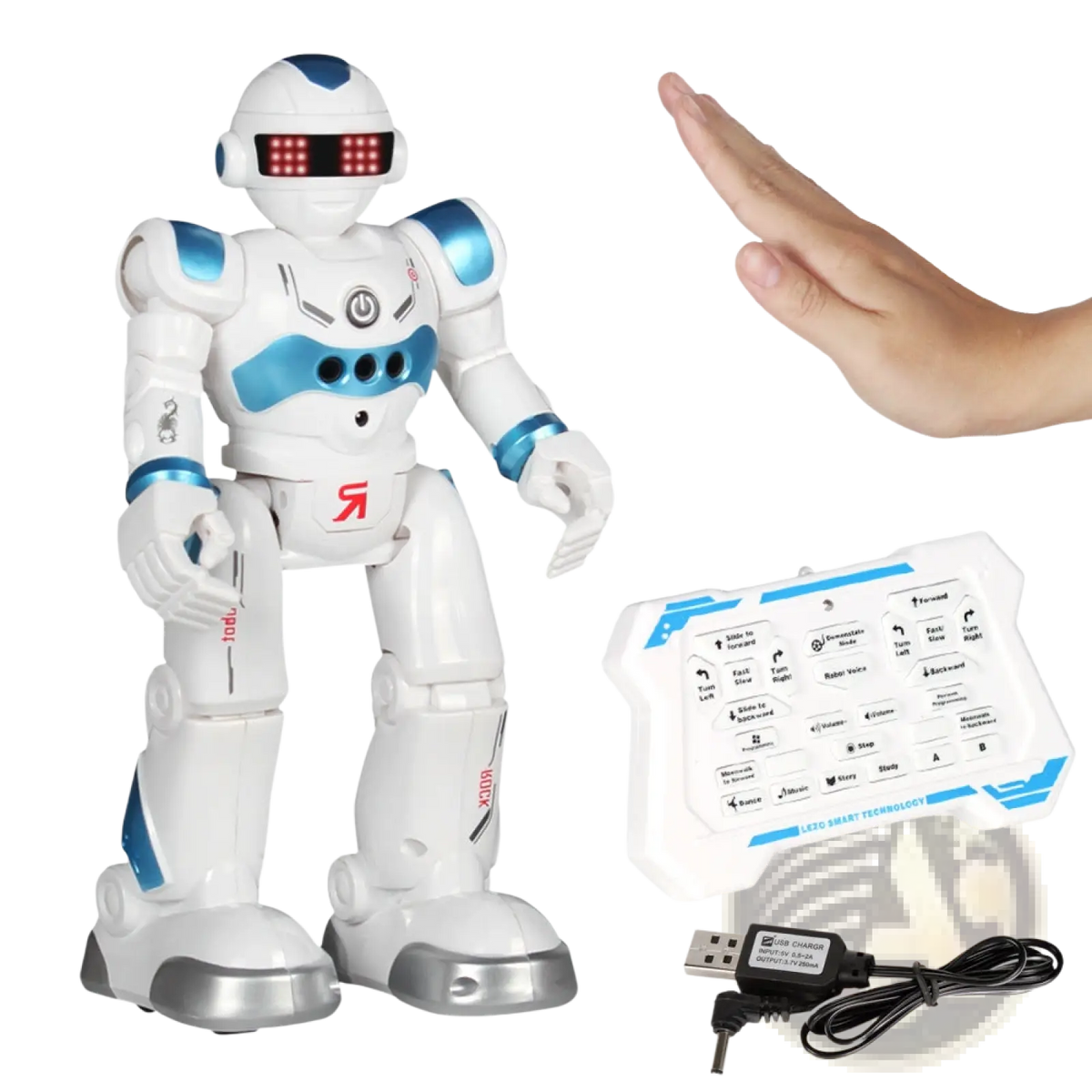 Smart robot toy gesture control dancing RC robot in white and blue with red LED eyes silver feet and remote control