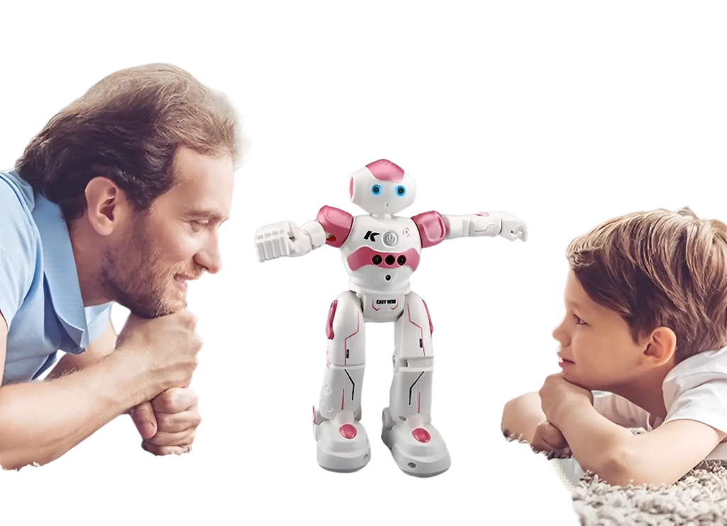 Smart robot toy with gesture control, pink and white metallic finish, blue eyes, and articulated limbs for dancing