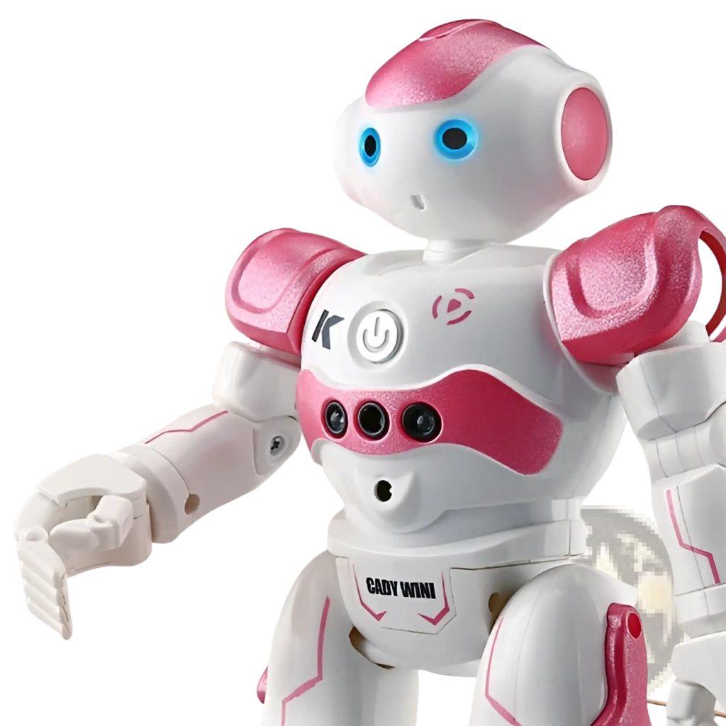 Pink and white smart robot toy with blue glowing eyes plastic design and cady mini branding for gesture control dancing