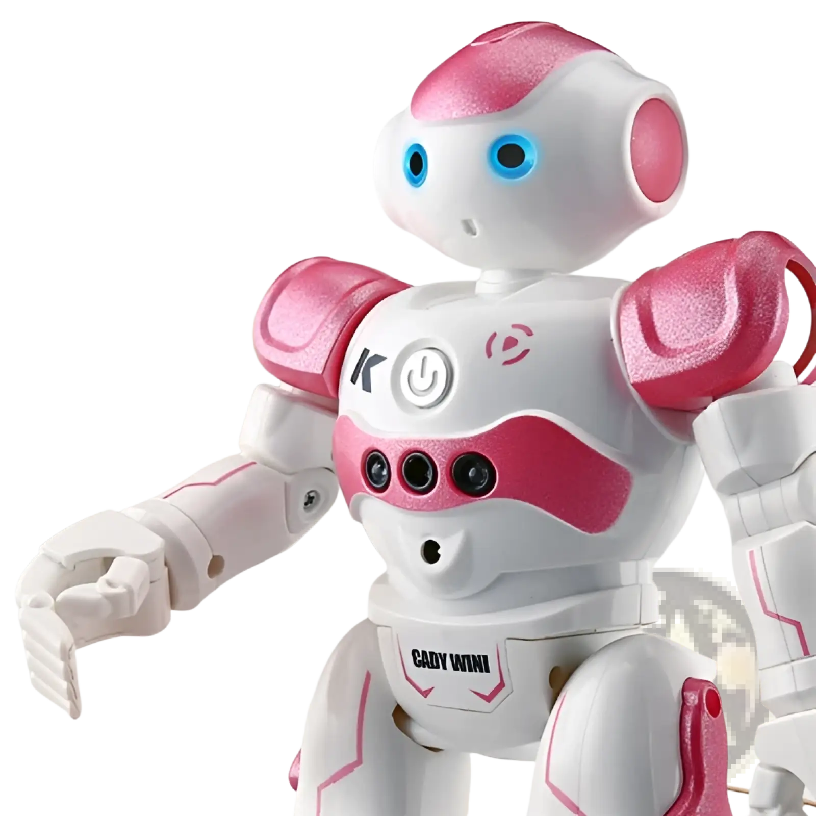 Pink and white smart robot toy with blue glowing eyes plastic design and cady mini branding for gesture control dancing