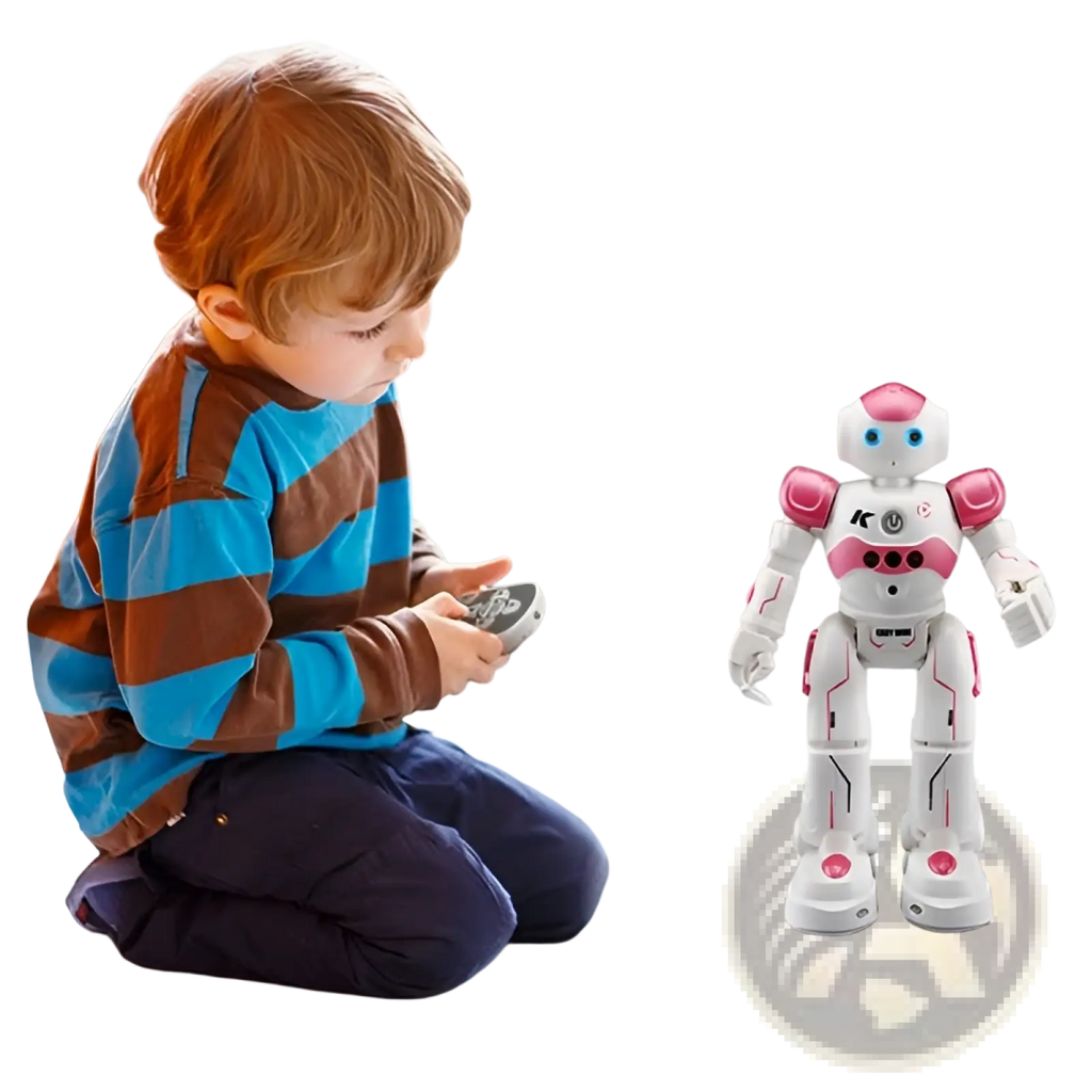 Smart robot toy gesture control dancing rc robot in pink and white plastic with blue eyes and sleek design