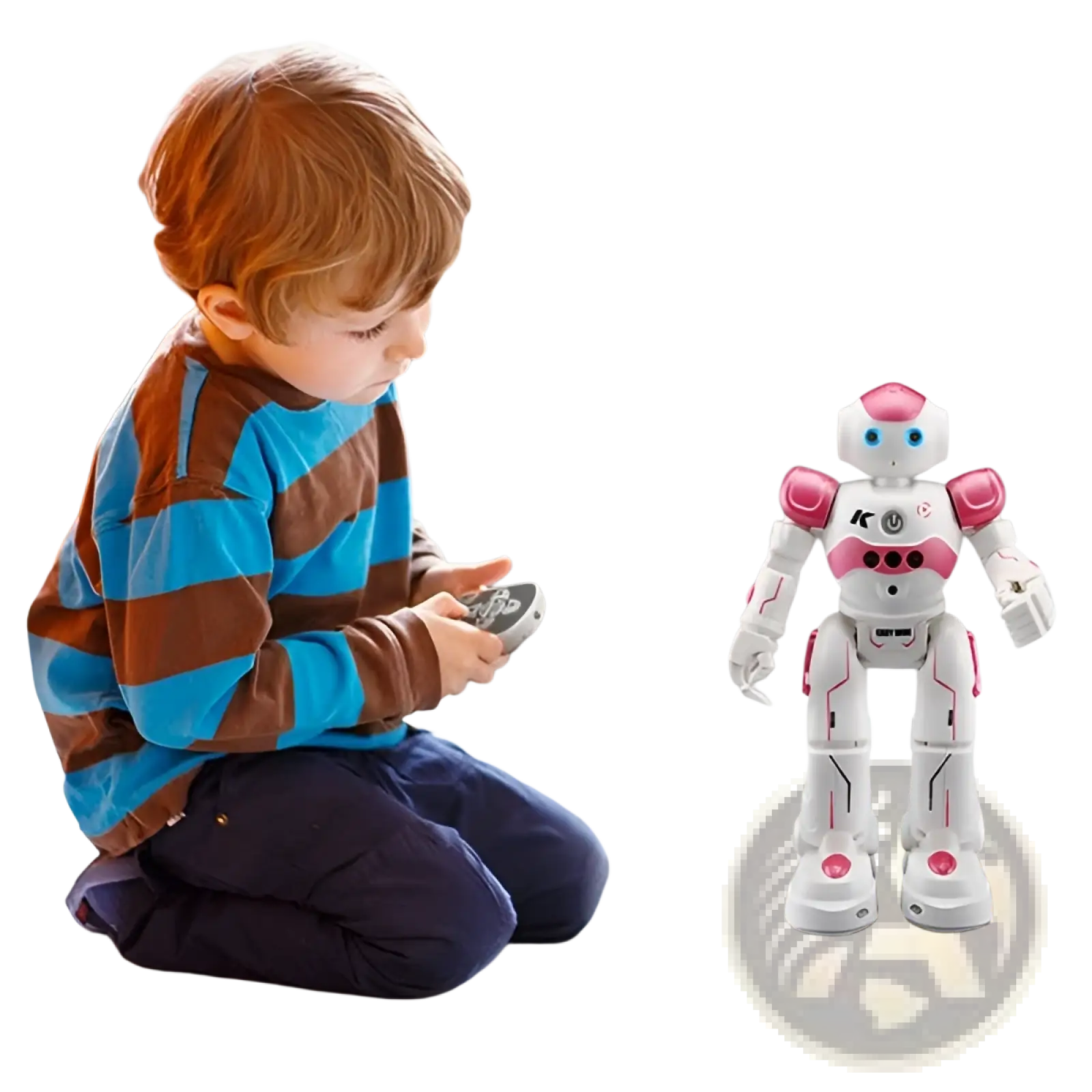 Smart robot toy gesture control dancing rc robot in pink and white plastic with blue eyes and sleek design
