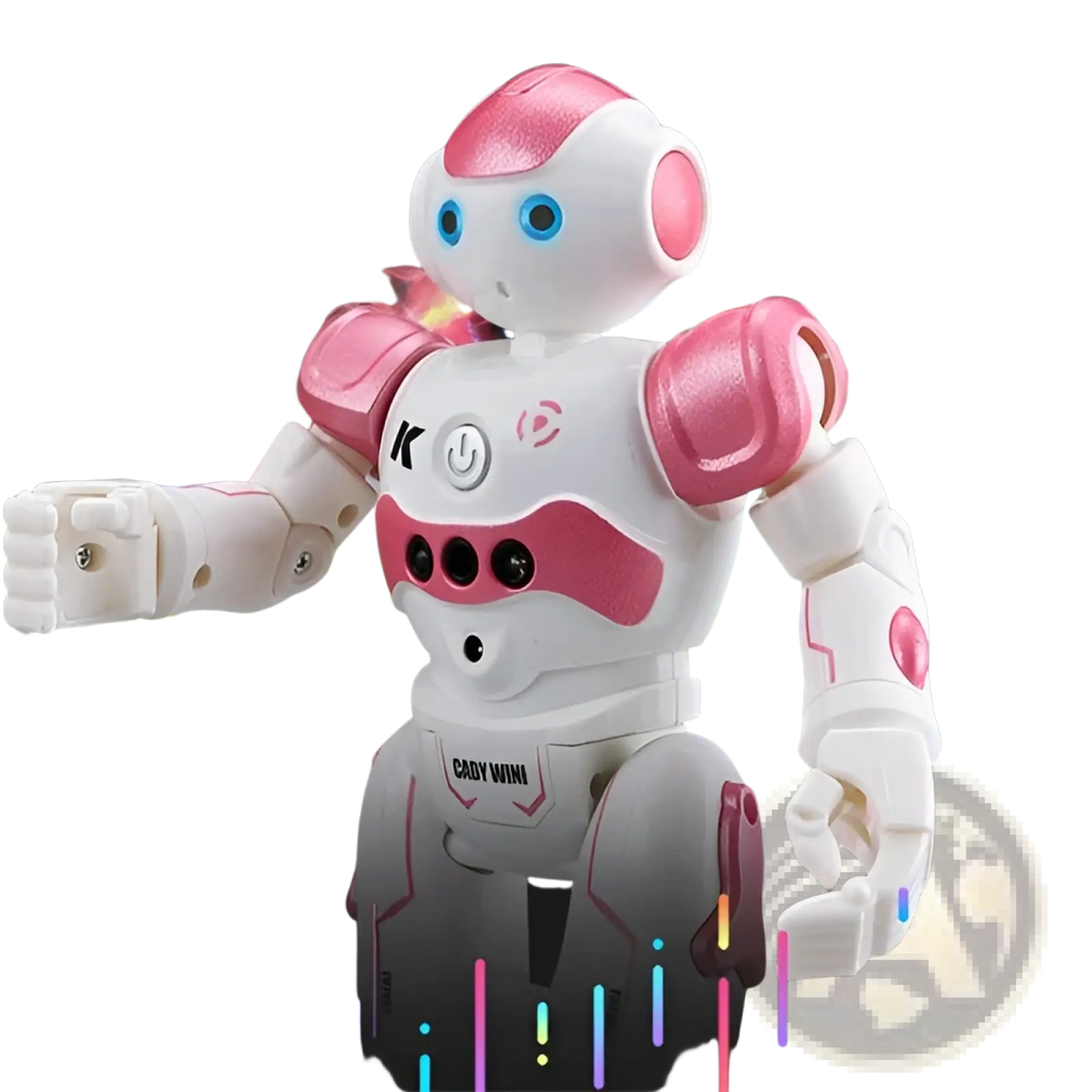 Pink and white smart robot toy with gesture control, articulated limbs, and glowing blue eyes for dancing rc play