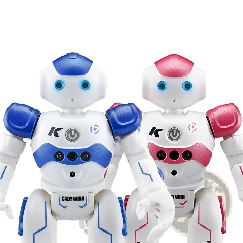 Two sleek plastic smart robot toys in blue white and pink white with gesture control for dancing rc functions