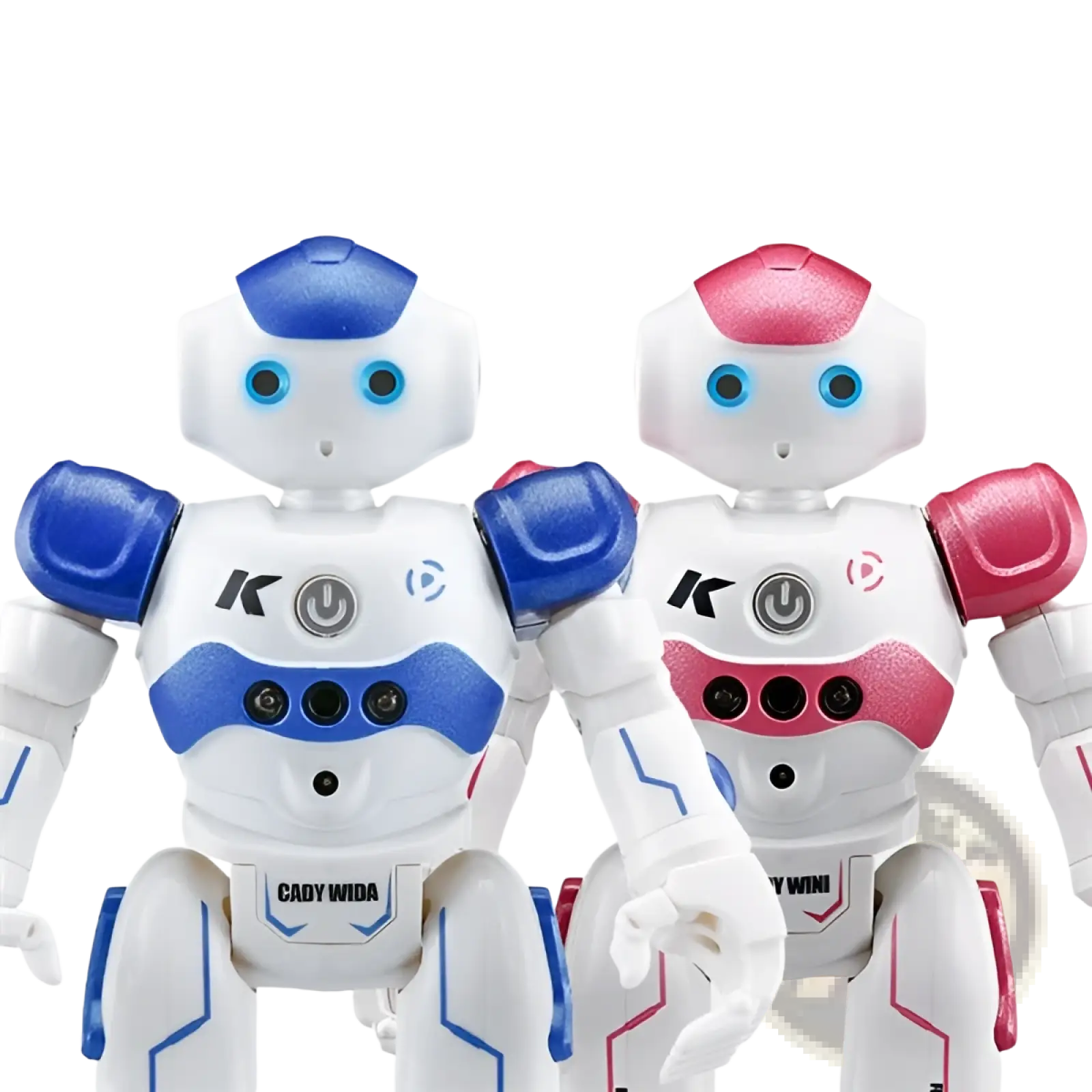 Two sleek plastic smart robot toys in blue white and pink white with gesture control for dancing rc functions