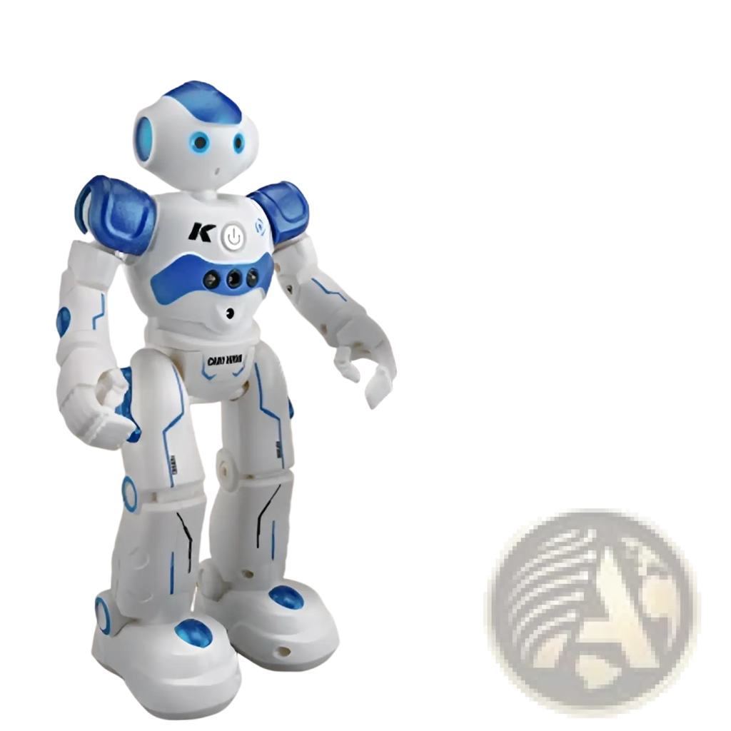 White and blue smart robot toy with sleek articulated design glowing eyes and circular joint accents for gesture control dancing