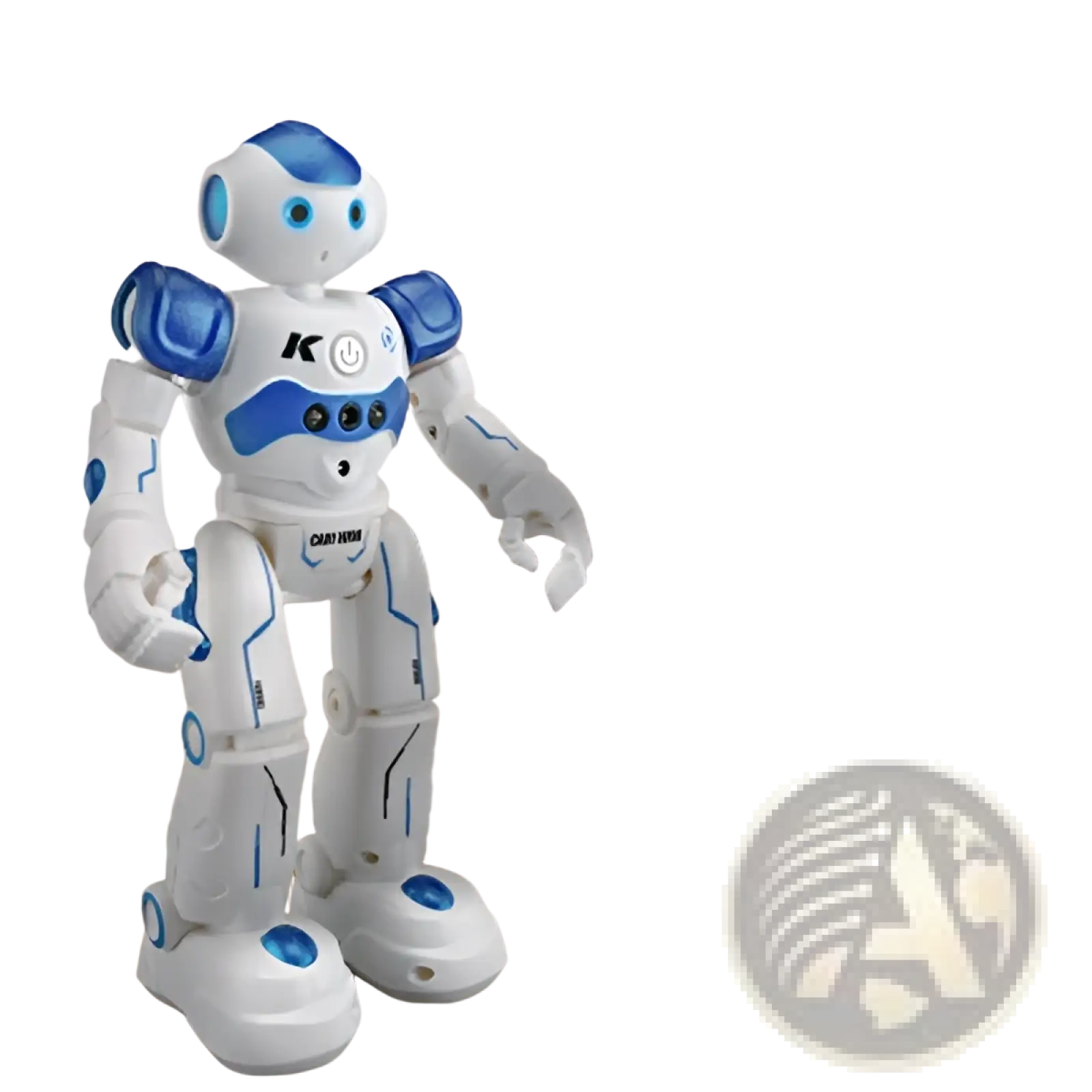 White and blue smart robot toy with sleek articulated design glowing eyes and circular joint accents for gesture control dancing