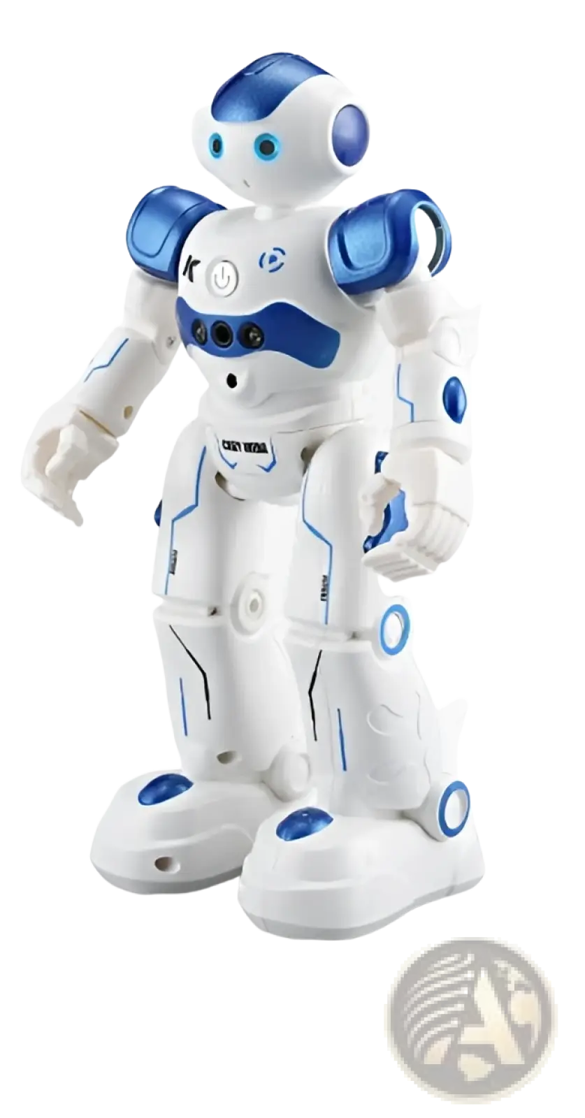 White and blue smart robot toy with articulated joints and glowing blue accents for gesture control dancing