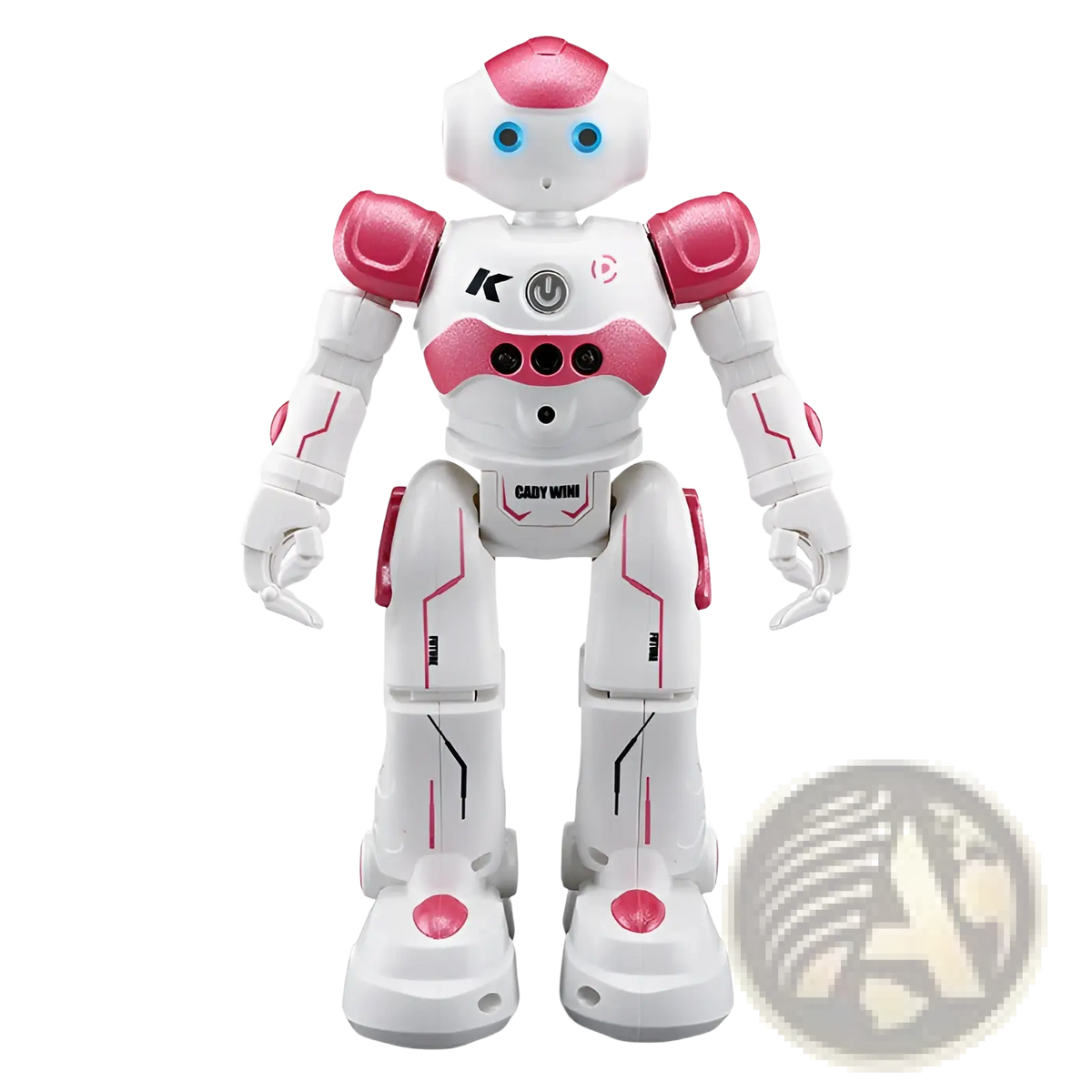 White and pink sleek plastic smart robot toy with gesture control and blue eyes marked cady mini on torso