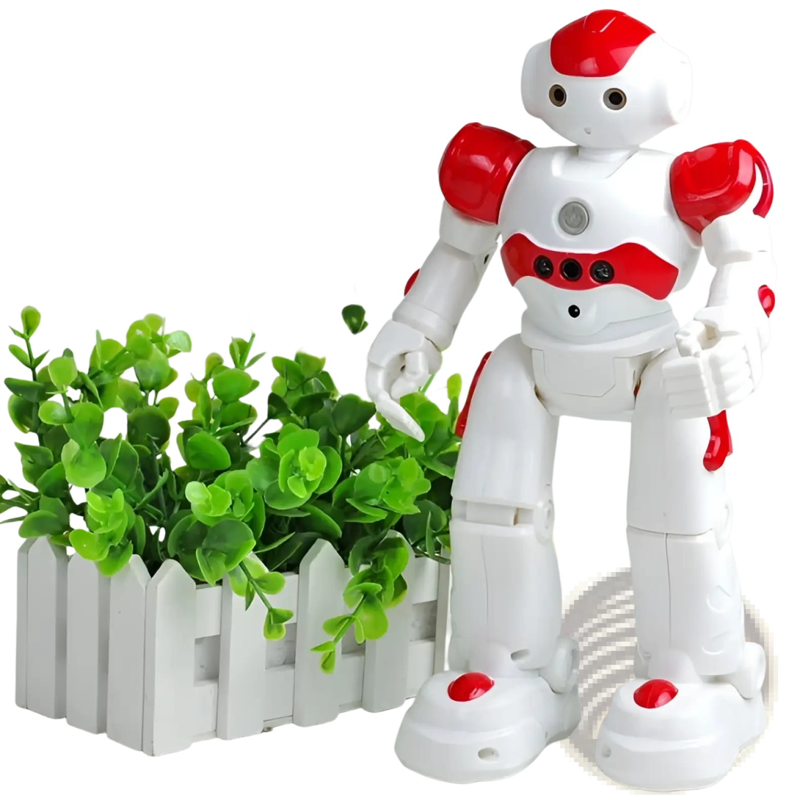 White and red smart robot toy with glossy plastic finish featuring gesture control and dancing remote control functions