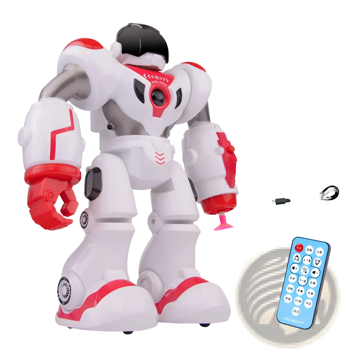 Smart robot toy gesture control dancing rc robot in white and red with silver joints and a black helmet featuring a pink suction cup hand