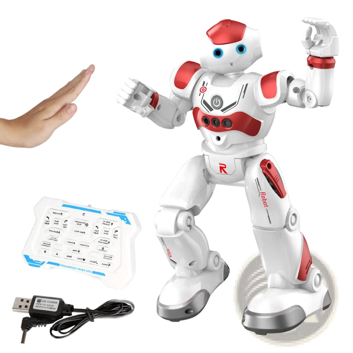 Smart robot toy with white and red plastic body silver accents and friendly face designed for gesture control dancing