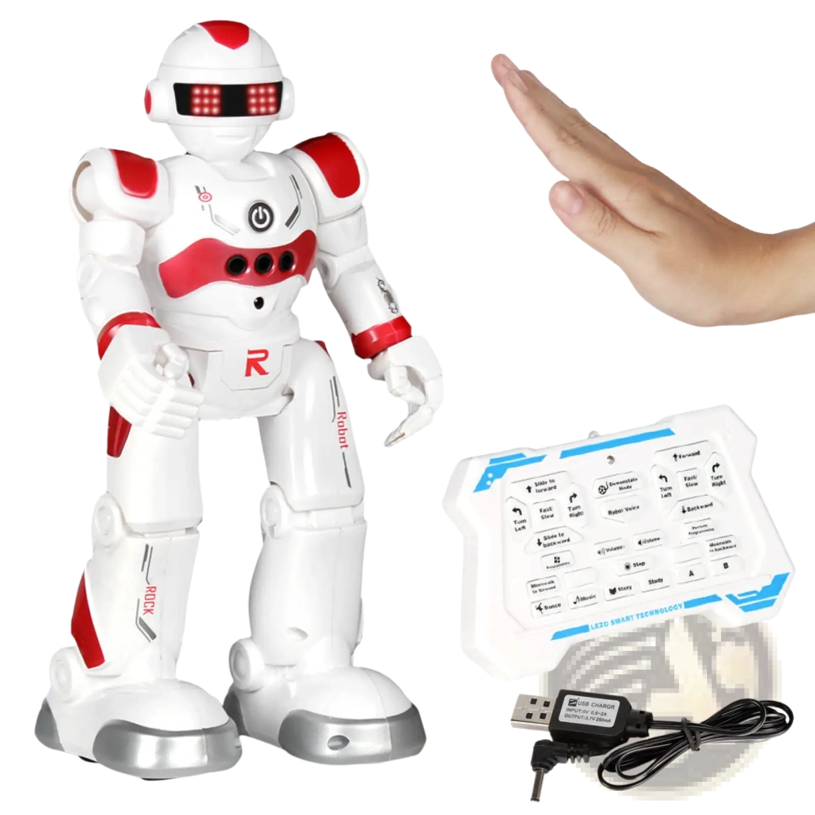Smart robot toy in white and red with silver feet and led lights on the head controlled by a remote for dancing
