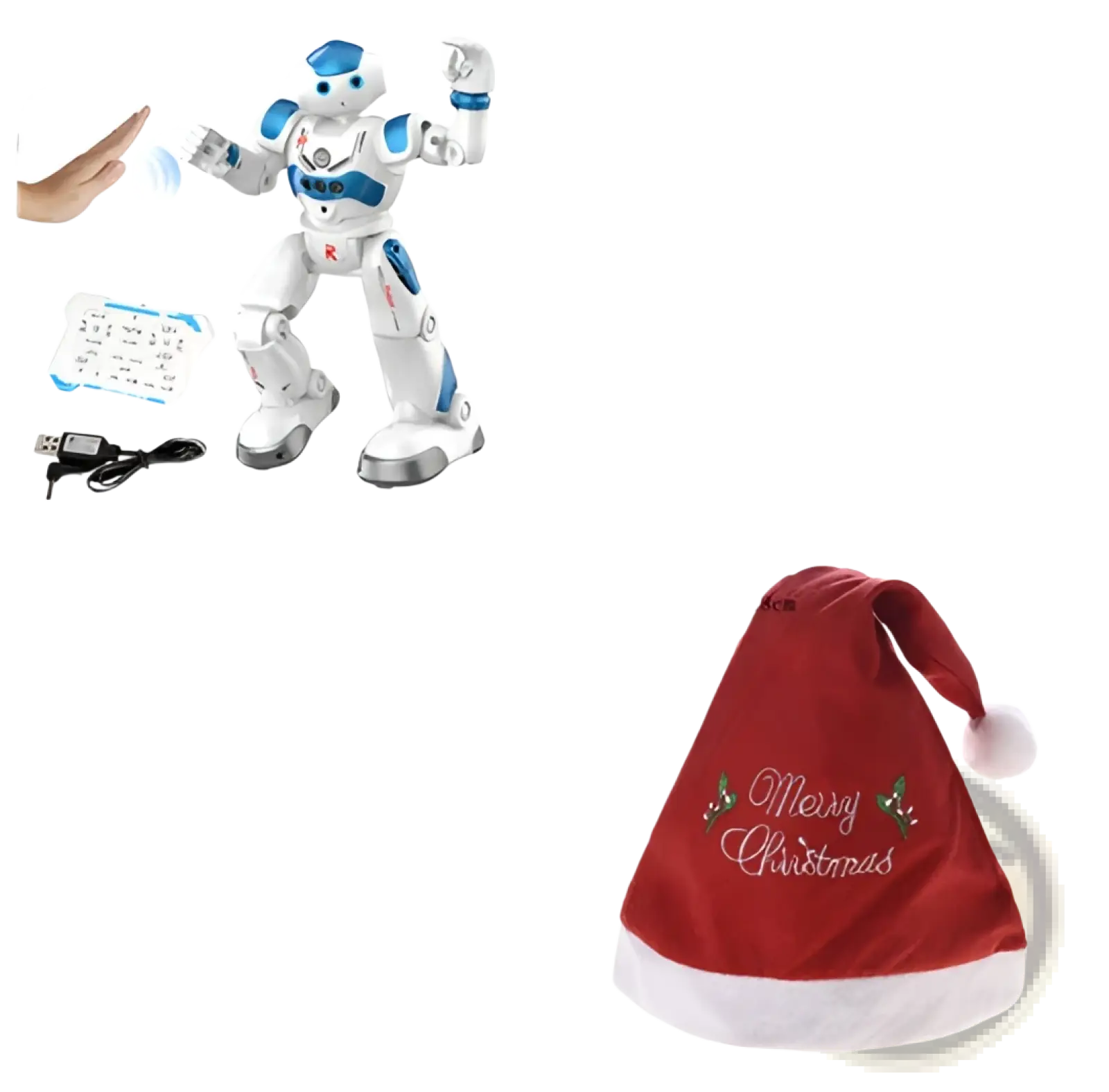Red velvet santa hat with white trim and merry christmas embroidered in silver on smart robot toy gesture control dancing rc robot