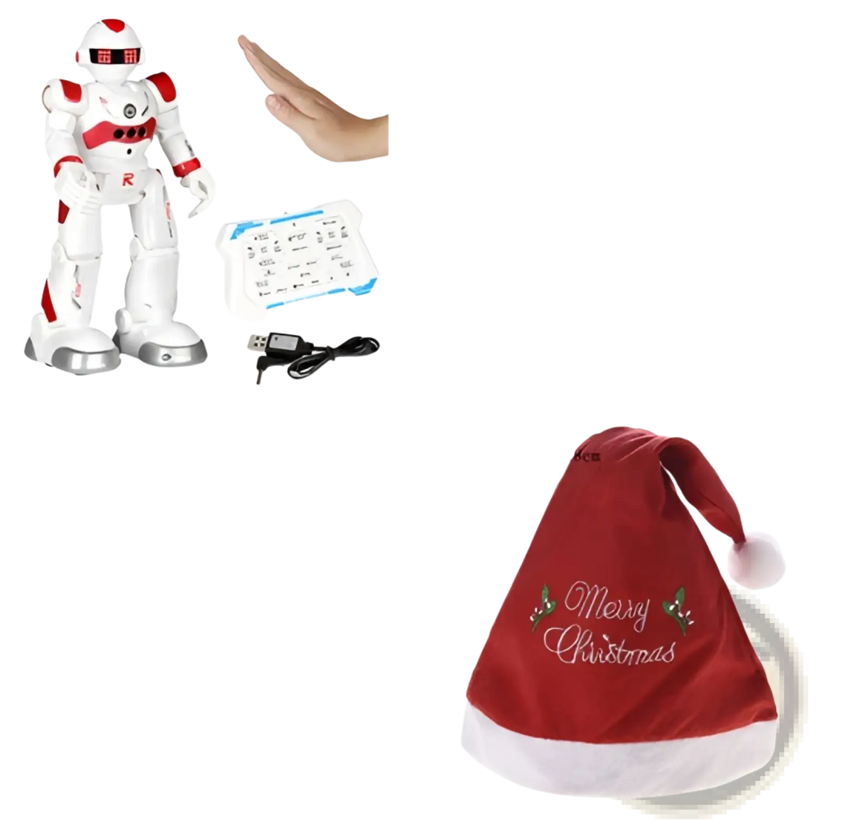 Red santa hat with white trim and merry christmas embroidered in gold on a smart robot toy gesture control rc robot