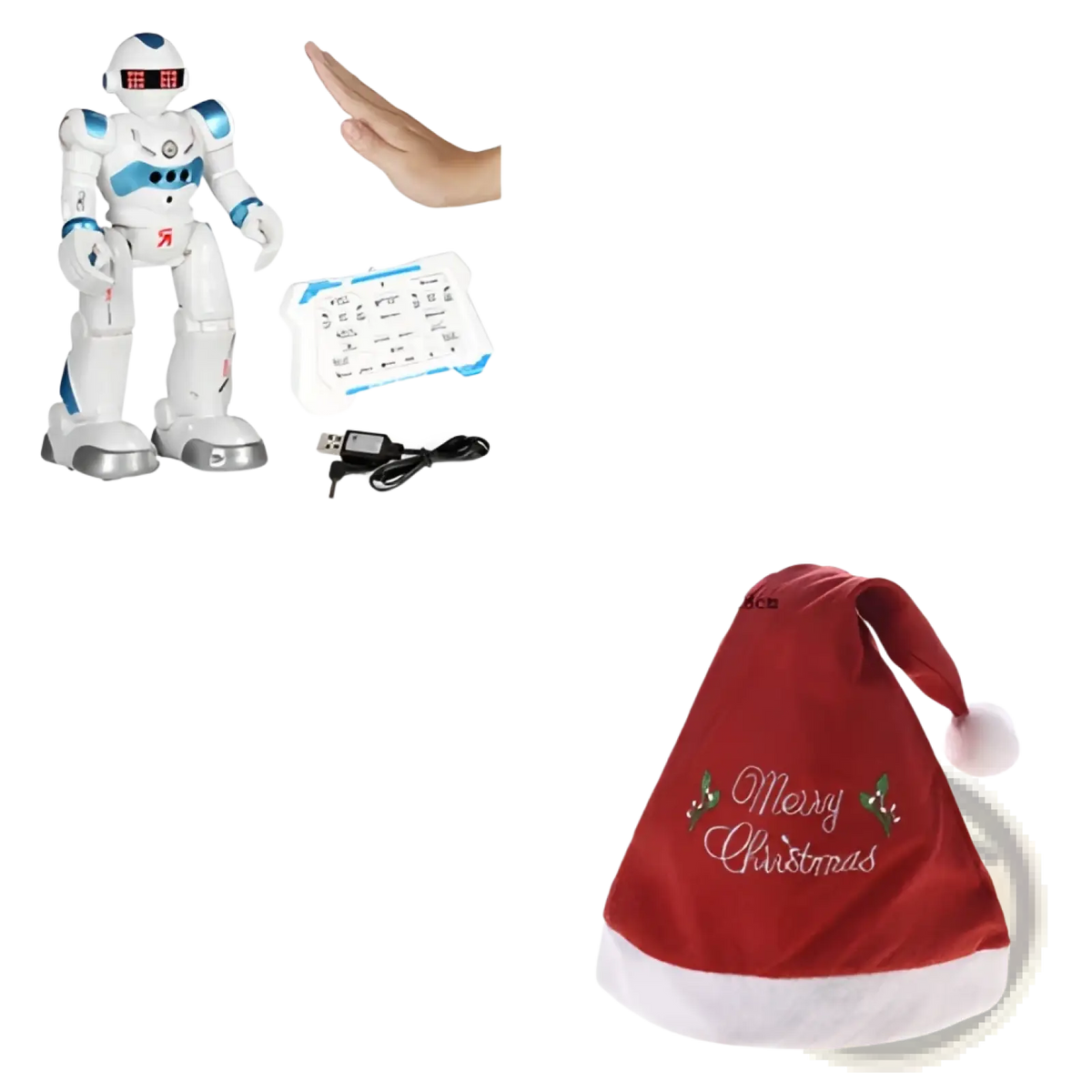 Smart robot toy with gesture control wearing red velvet santa hat with white trim and merry christmas embroidery