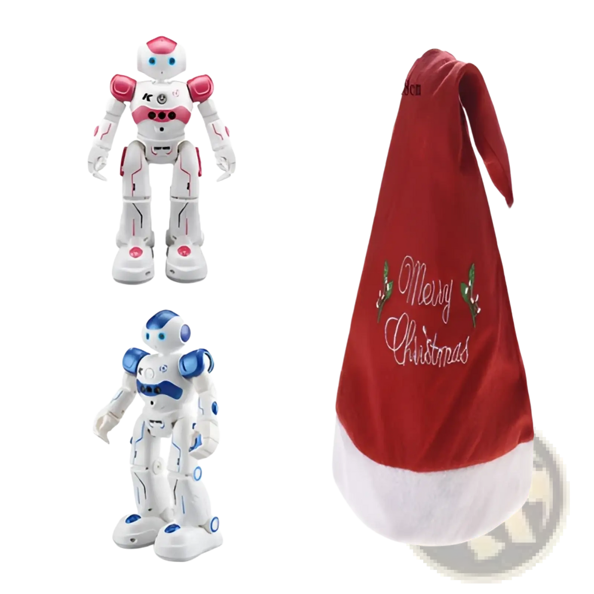 Smart robot toy gesture control dancing rc robot wearing a red velvet santa hat with white trim and silver merry christmas embroidery
