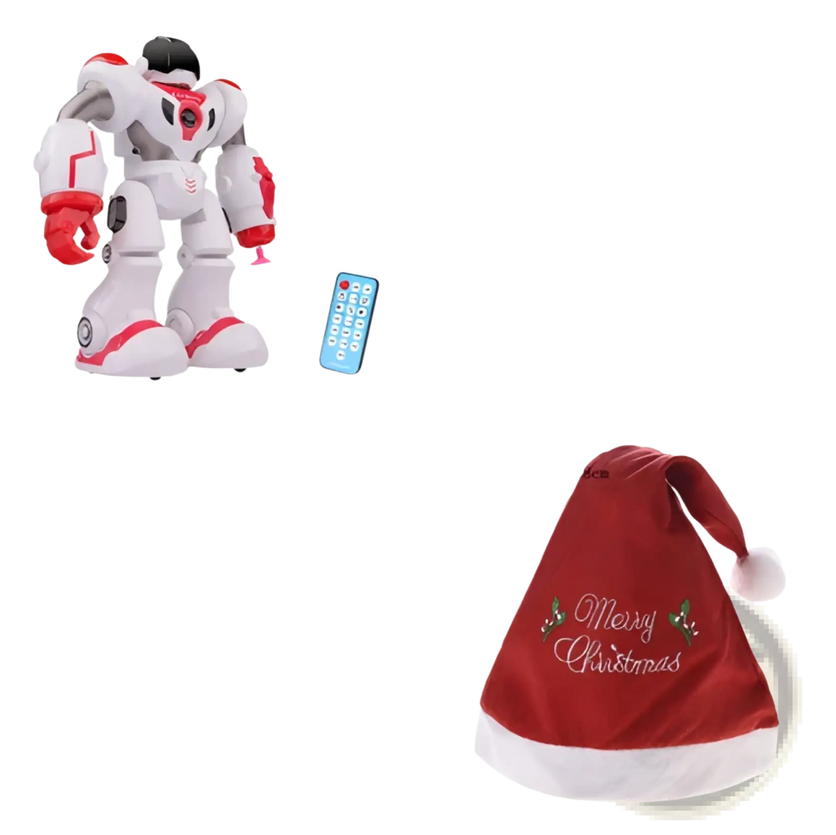 White and red smart robot toy with black head and articulated limbs featuring remote control for gesture control dancing