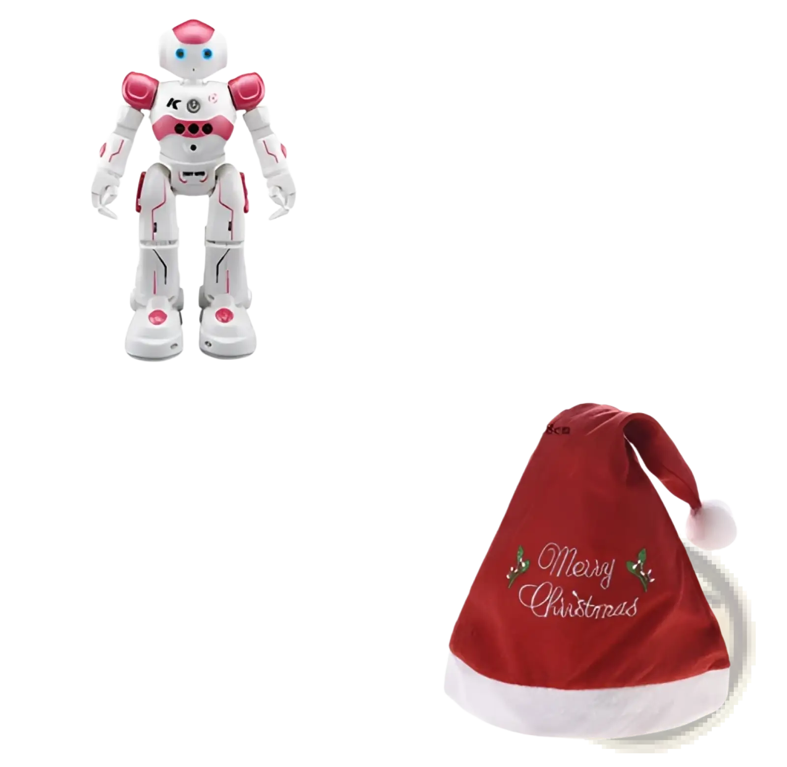 Smart robot toy white and pink with gesture control blue eyes and red accents designed for dancing and remote control