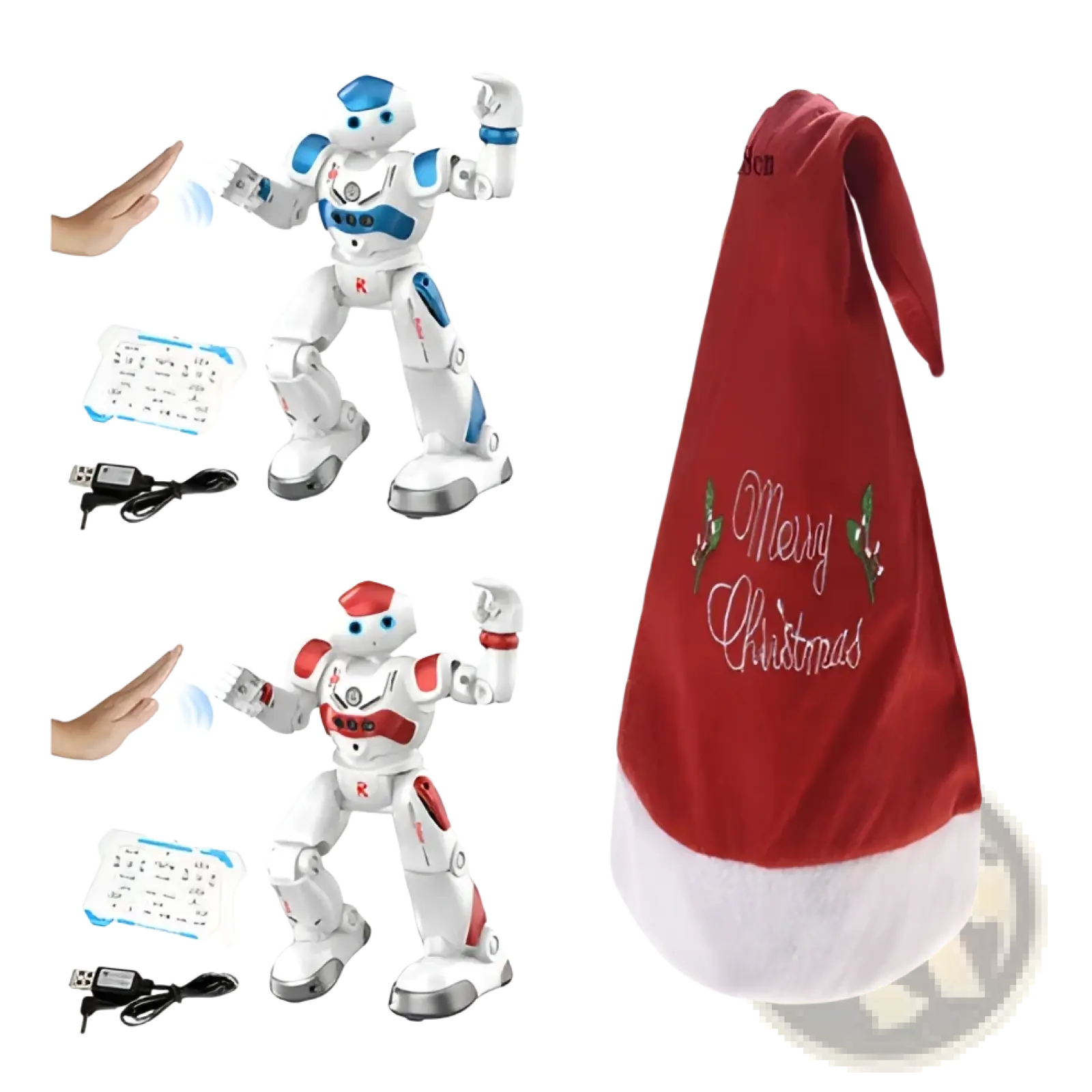 Smart robot toy gesture control dancing rc robot wearing a red santa hat with white trim and merry christmas embroidery