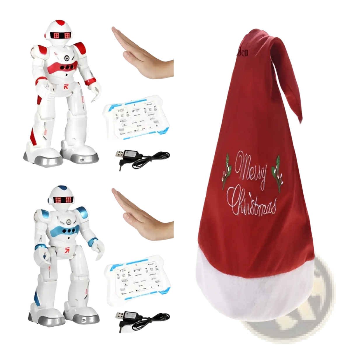 Smart robot toy gesture control dancing rc robot wearing a red velvet santa hat with white trim and merry christmas embroidery