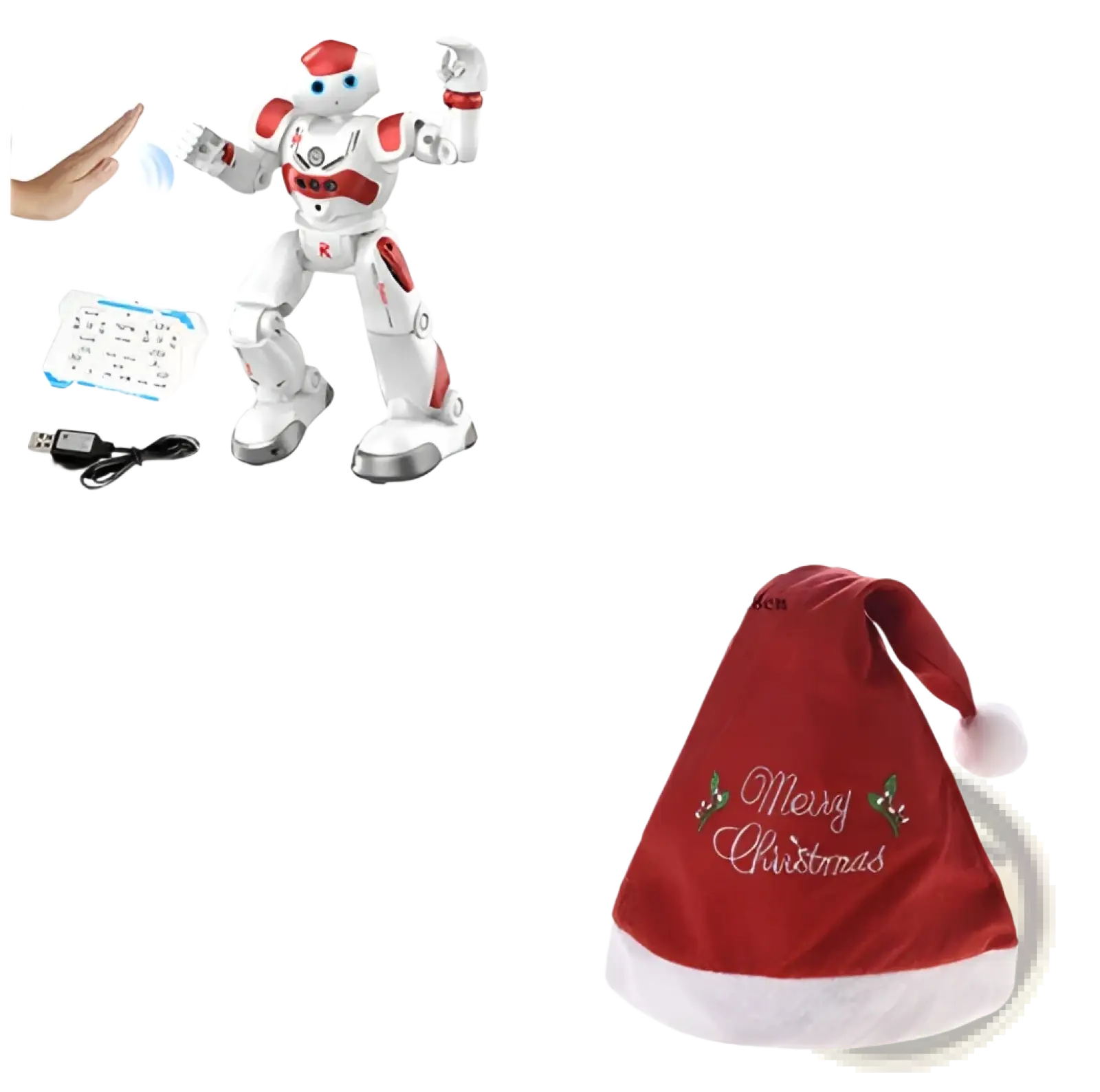 Smart robot toy gesture control dancing rc robot wearing a red velvet santa hat with white trim and merry christmas embroidery