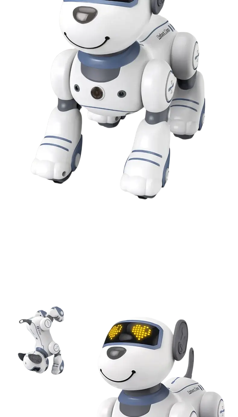 Smart robotic dog toy voice control white with blue accents articulated limbs and led eyes displaying heart patterns