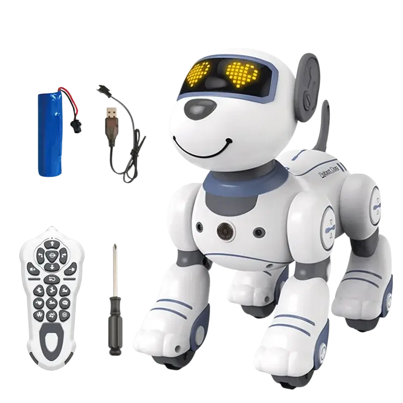 Smart robotic dog toy voice control in white and blue with glowing yellow led eyes and a smiling face design