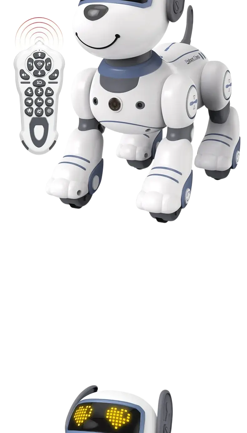 Smart robotic dog toy voice control white with blue accents black wheels smiling face and led eyes