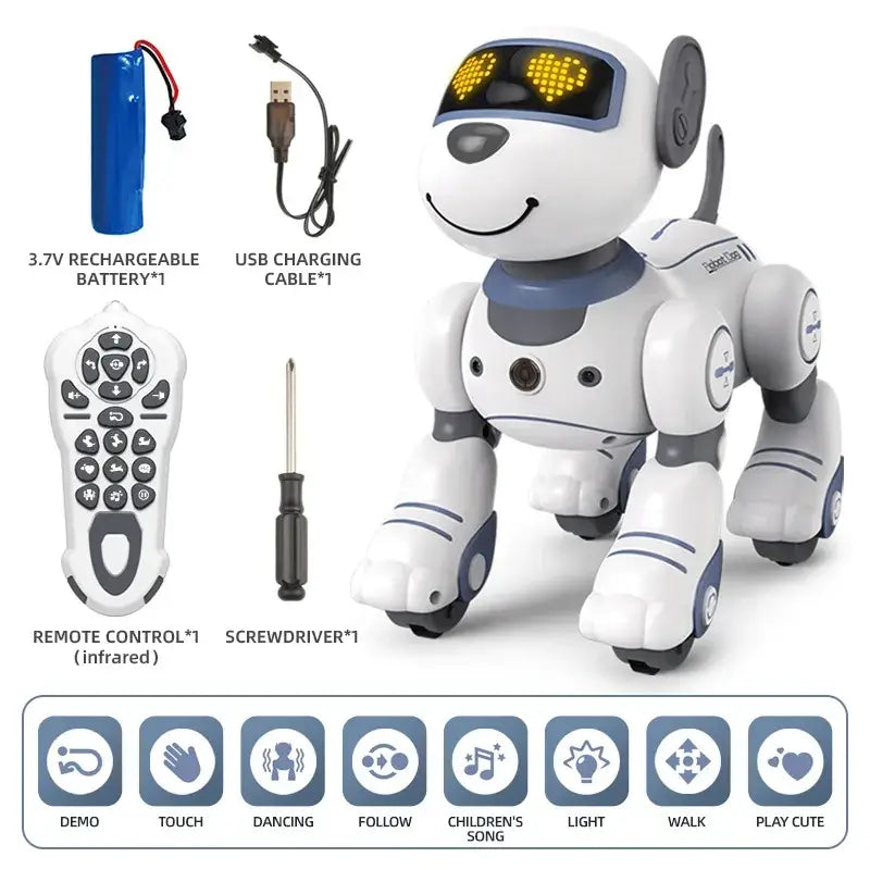 Smart robotic dog toy voice control white with led heart-shaped eyes and sleek plastic body for interactive play