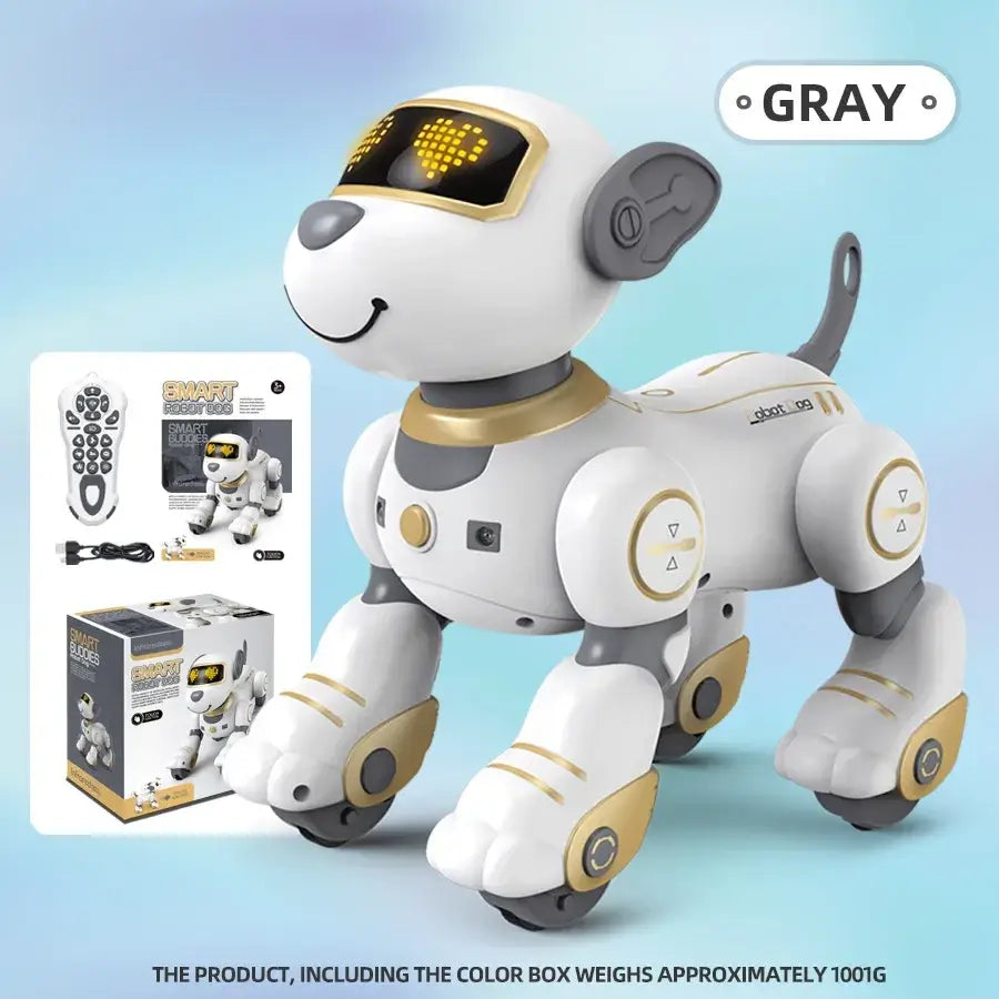 Gray and gold smart robotic dog toy with voice control and glowing yellow eyes designed to resemble a playful puppy