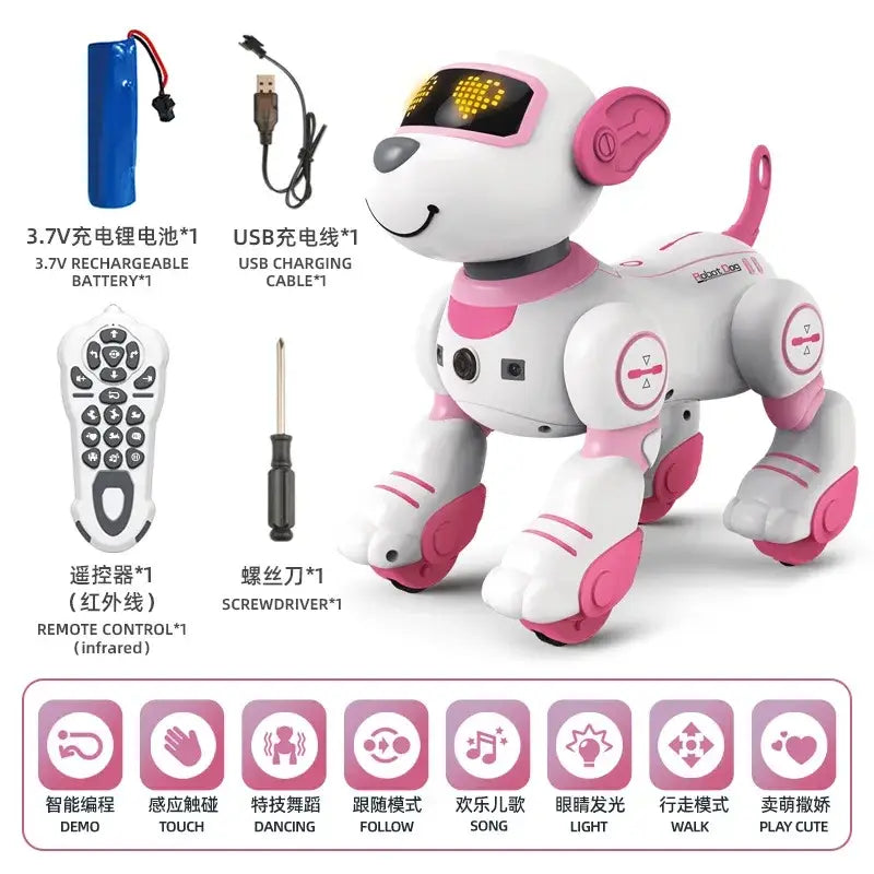 Smart robotic dog toy white with pink accents and led eyes designed for interactive voice control play